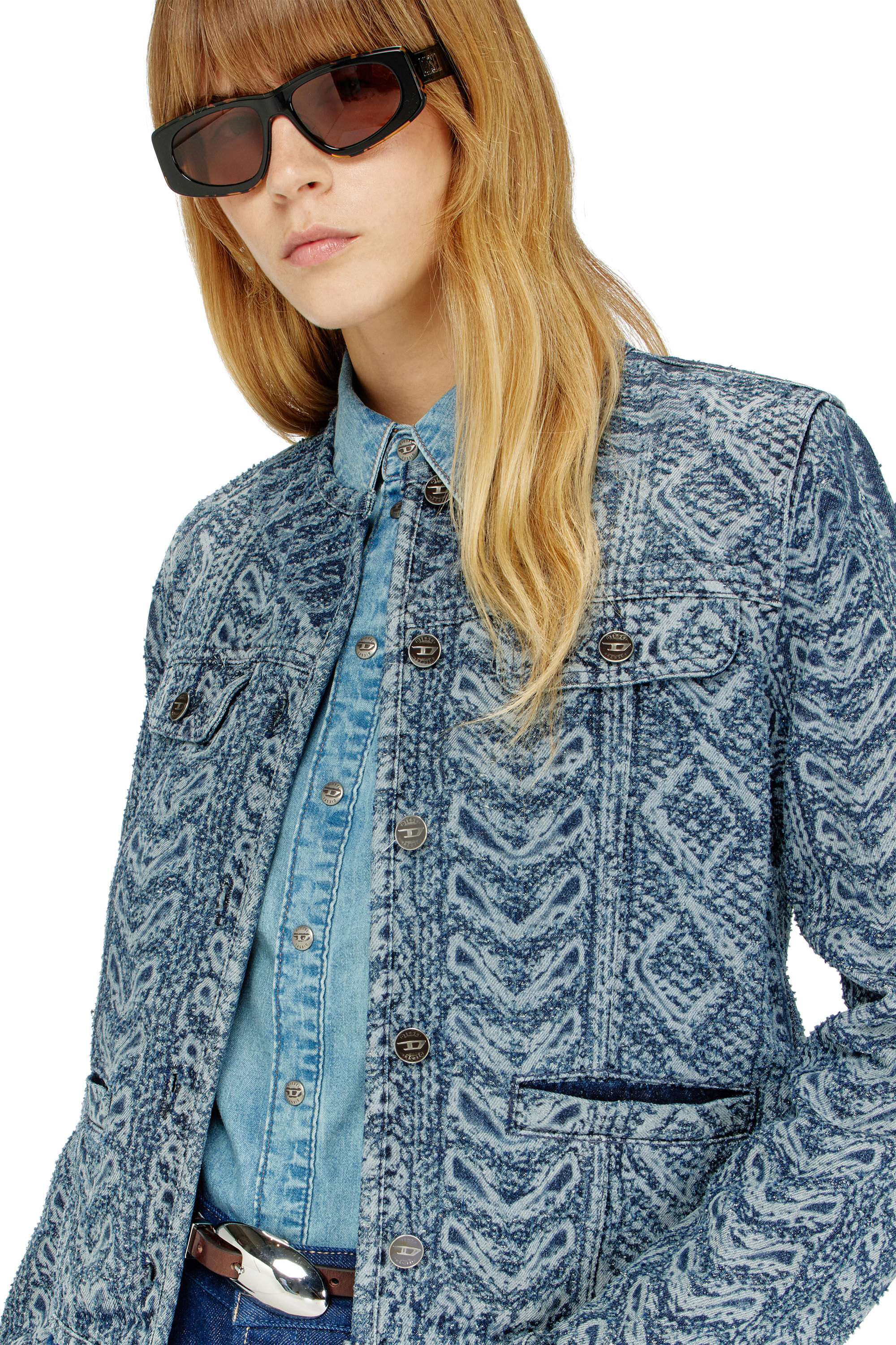 Diesel - DE-GRAFY-S2, Woman's Collarless jacket in cable-knit-effect denim in Dark Blue - 5
