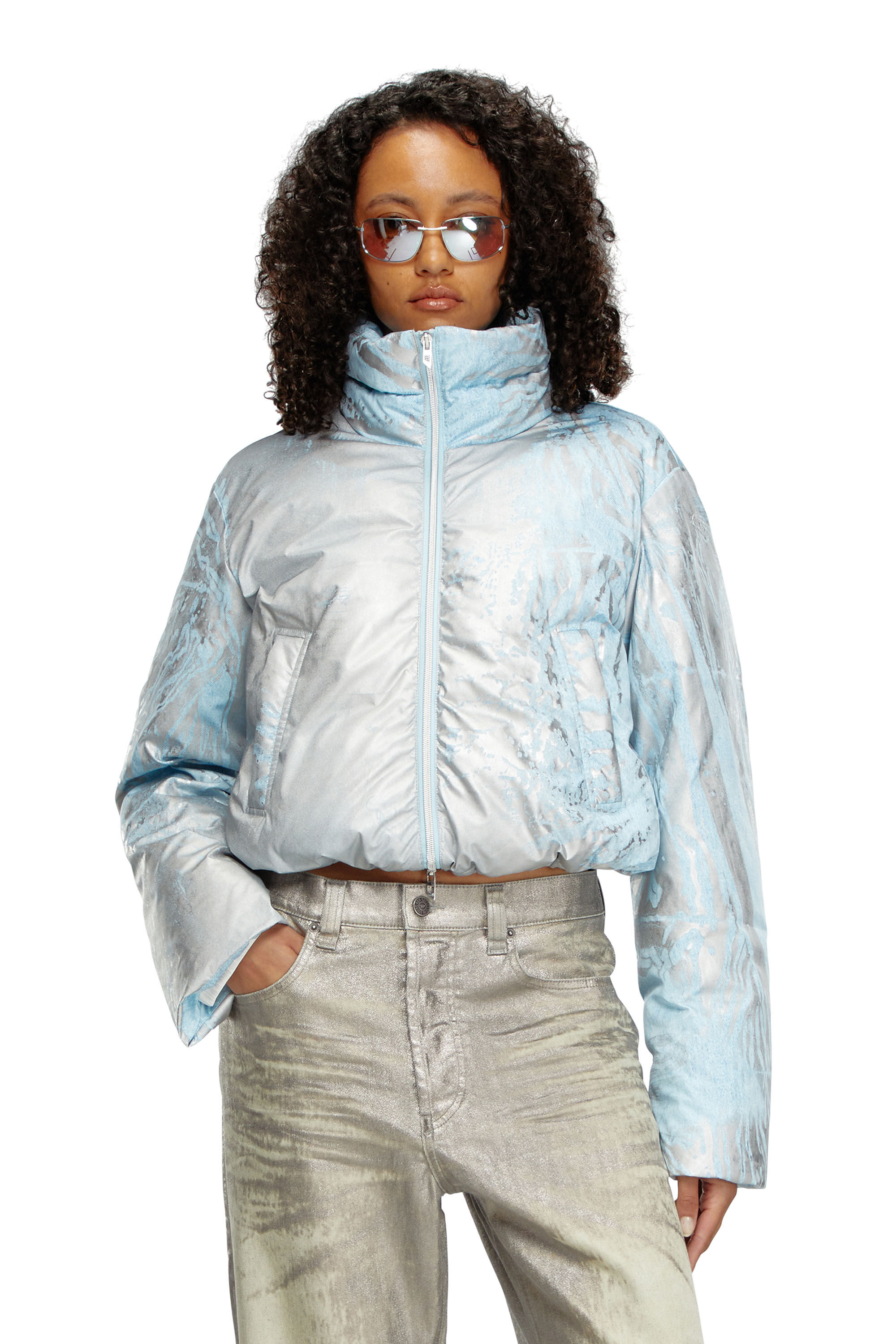 Women s Cropped padded jacket with metallic effects Silver Diesel