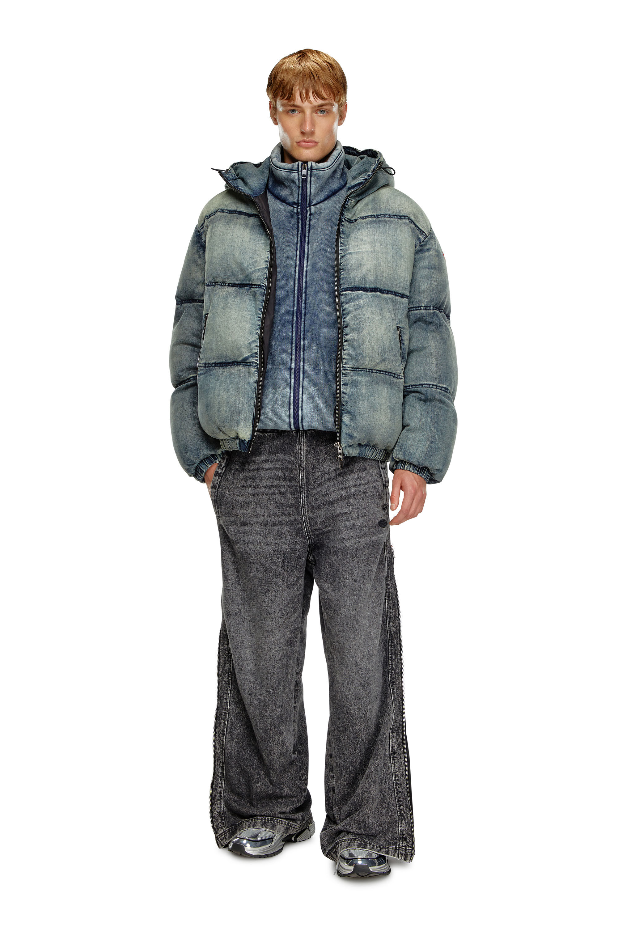 W-RAVEEL Hooded down jacket in wrinkled nylon｜ブルー｜メンズ｜DIESEL