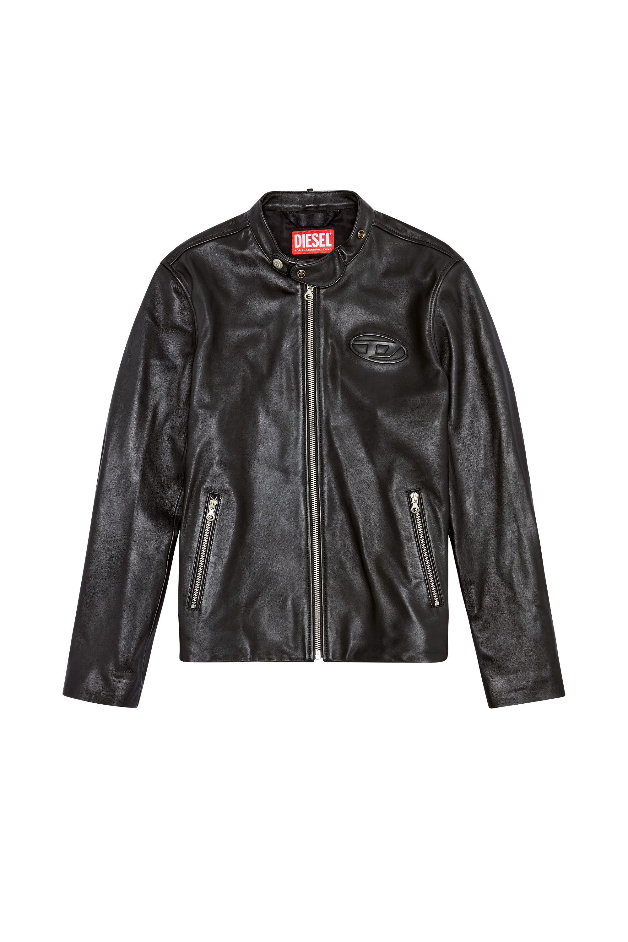 Men's Leather biker jacket with distressed logo | Black | Diesel