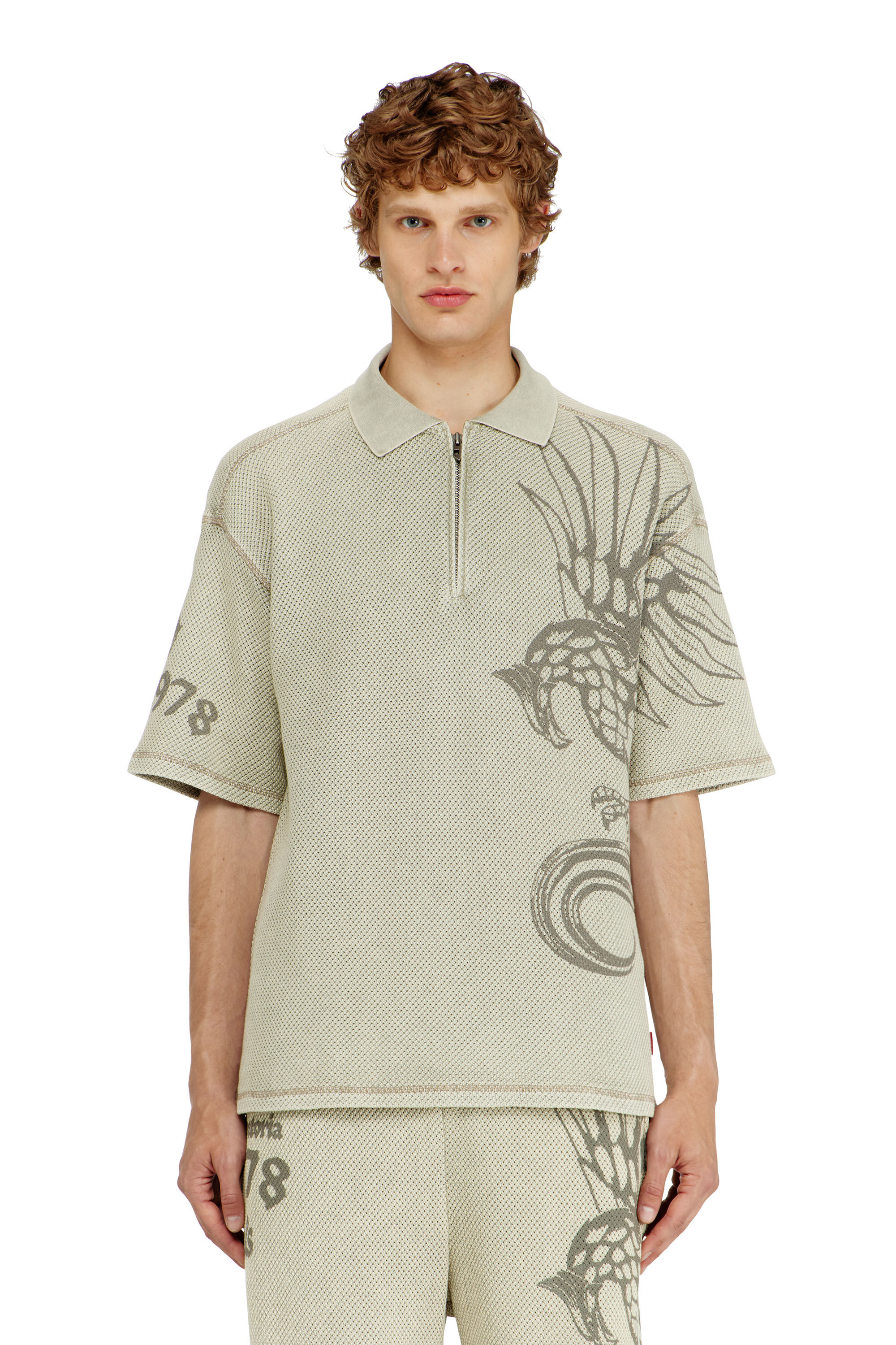 Diesel - T-ERRY-ZIP, Man's Mesh-jacquard polo shirt with Phoenix print in Beige - 1