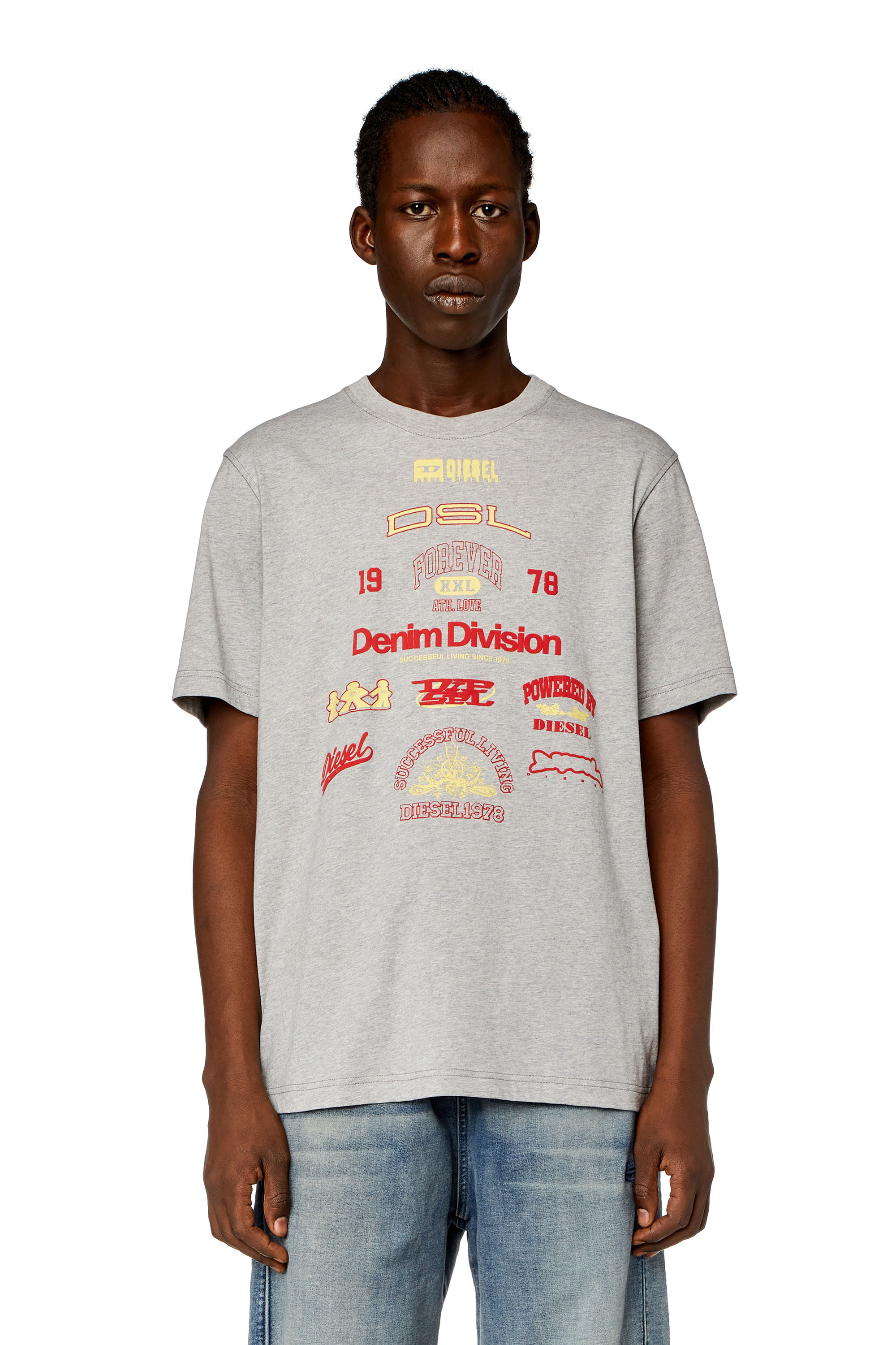 Diesel - T-JUST-N14, Man's T-shirt with mixed logo prints in Grey - 1