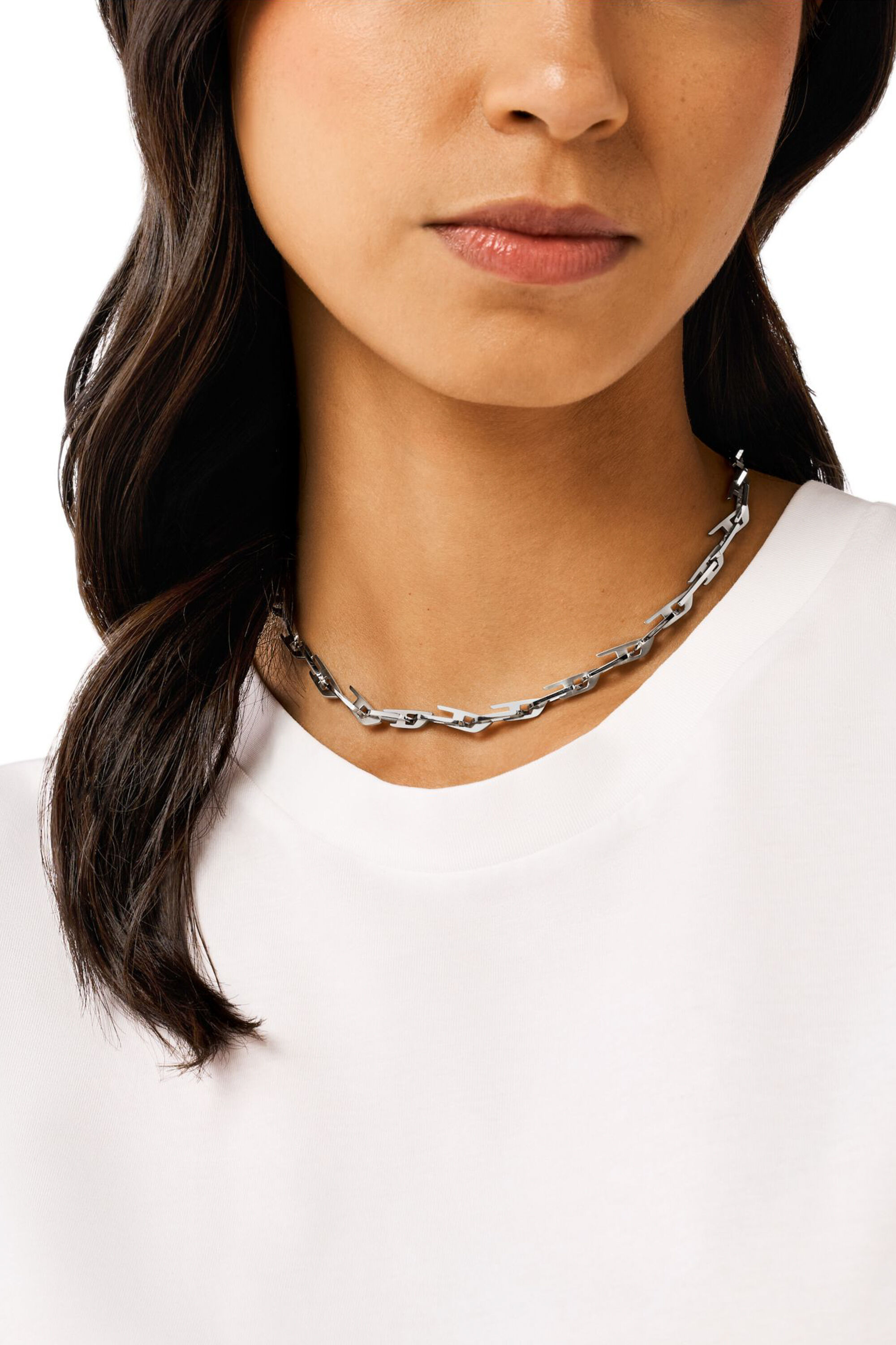 Women s Interlocking D Logo Stainless Steel Chain Necklace Silver Diesel