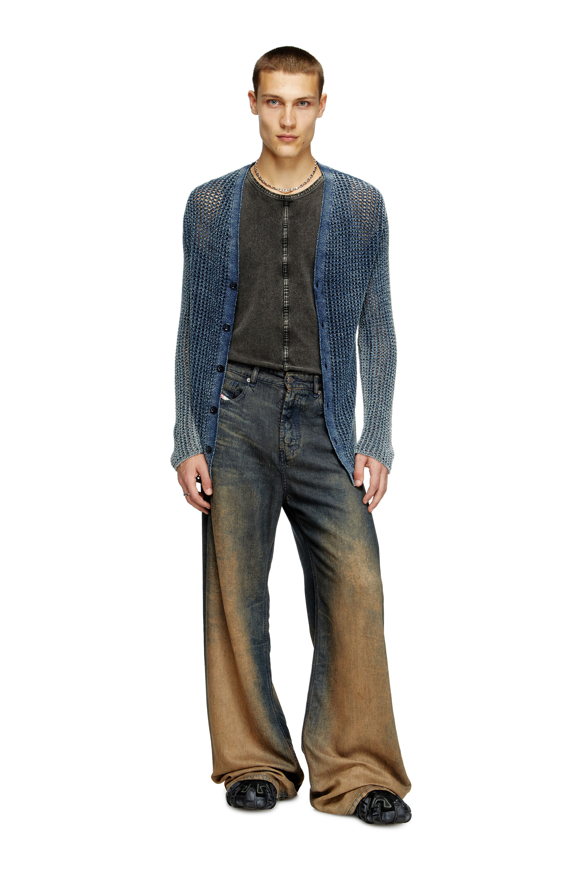 BIG LOGO KNIT (TGA-MN04)color：BLUE GREEN Men's Mesh-knit cardigan in denim yarn | Blue | Diesel