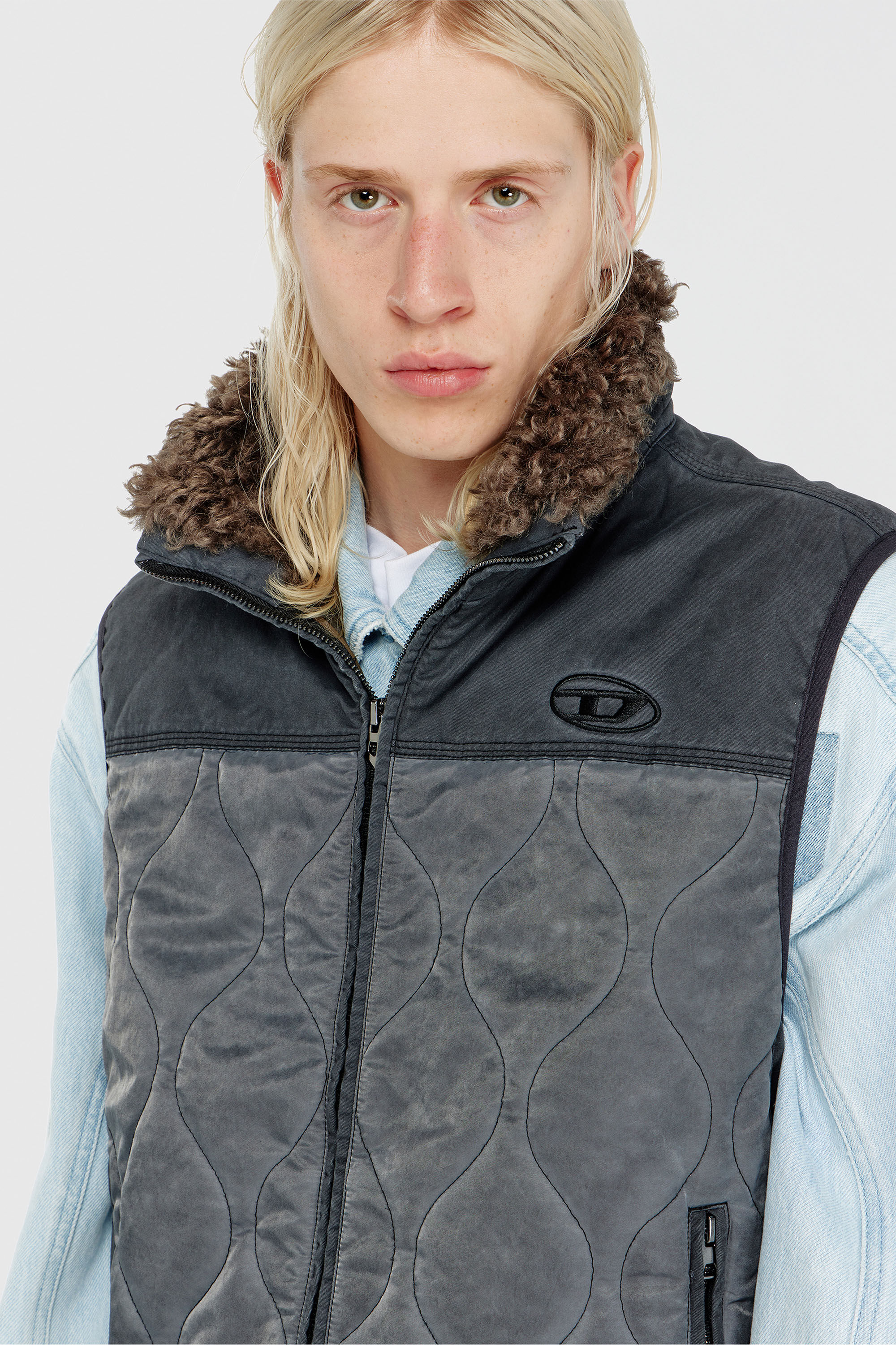 Men's Quilted vest with fluffy neck lining | Grey | Diesel TR