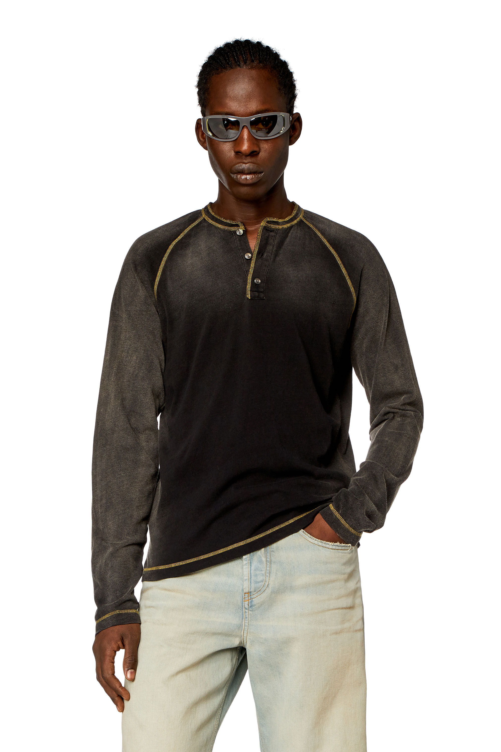Men s Henley T shirt with sun faded effect Black Diesel