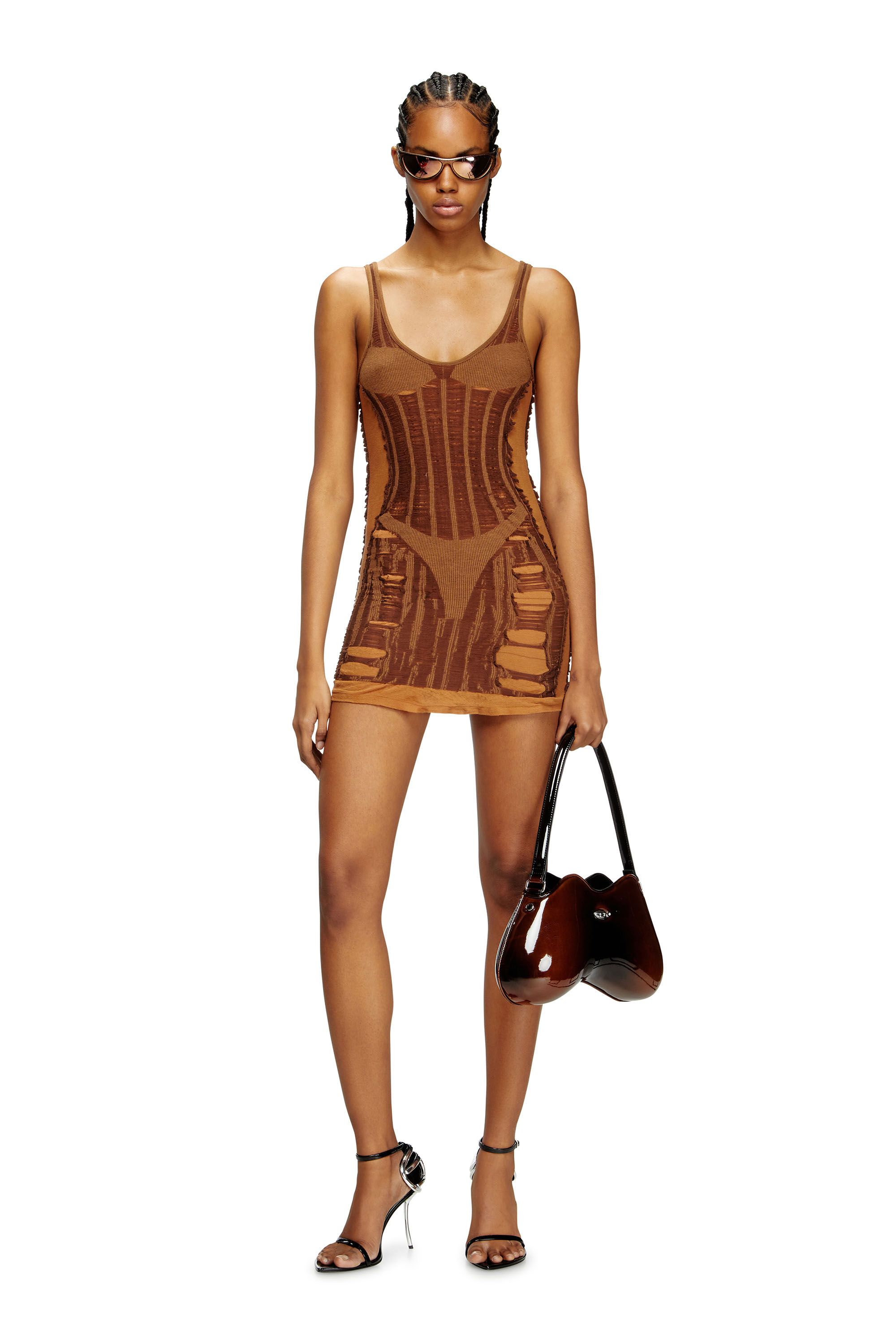 Women's Mini dress in distressed second-skin knit | Brown