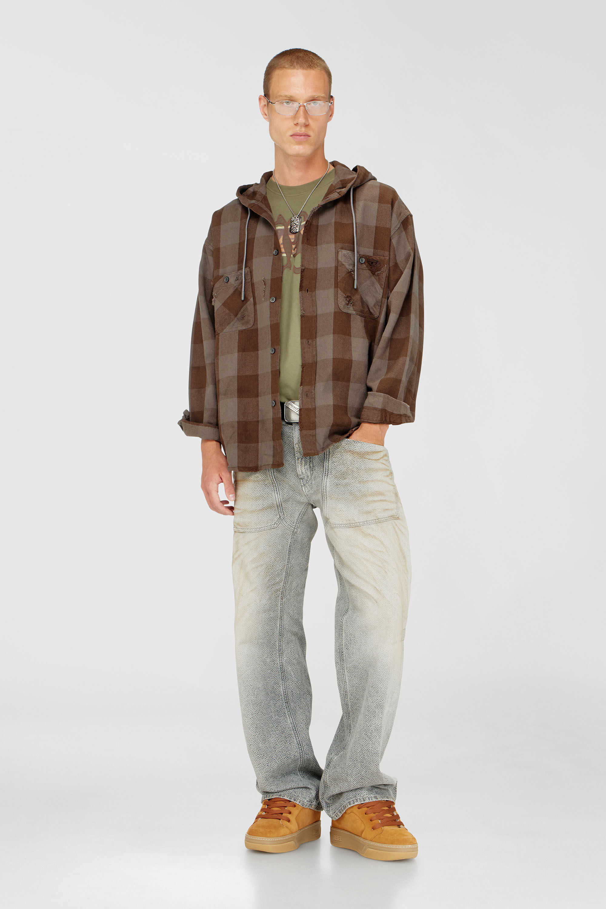 Men's Distressed hooded shirt in check flannel | Brown | Diesel TR