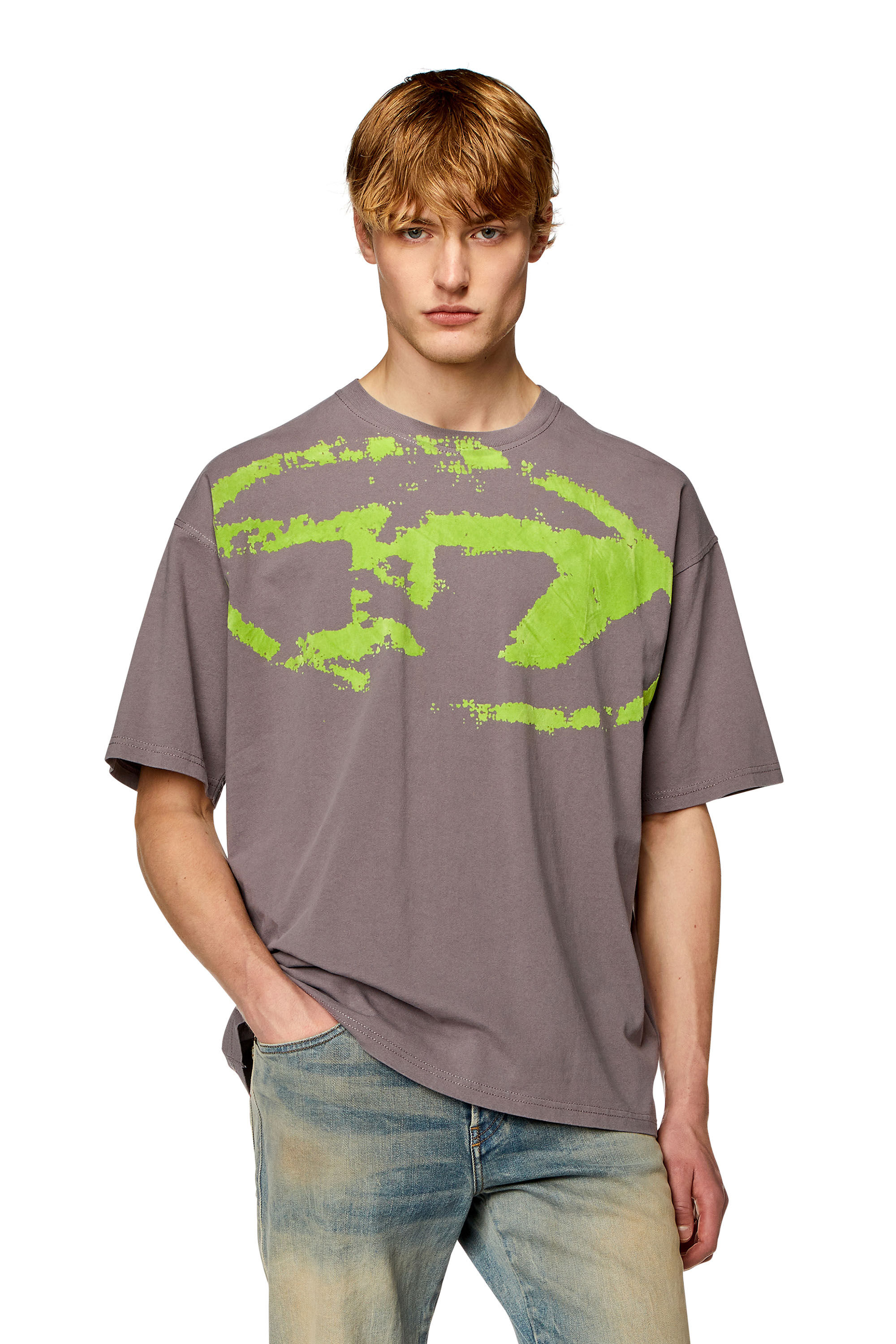 Men's T-shirt with distressed flocked logo | Grey | Diesel
