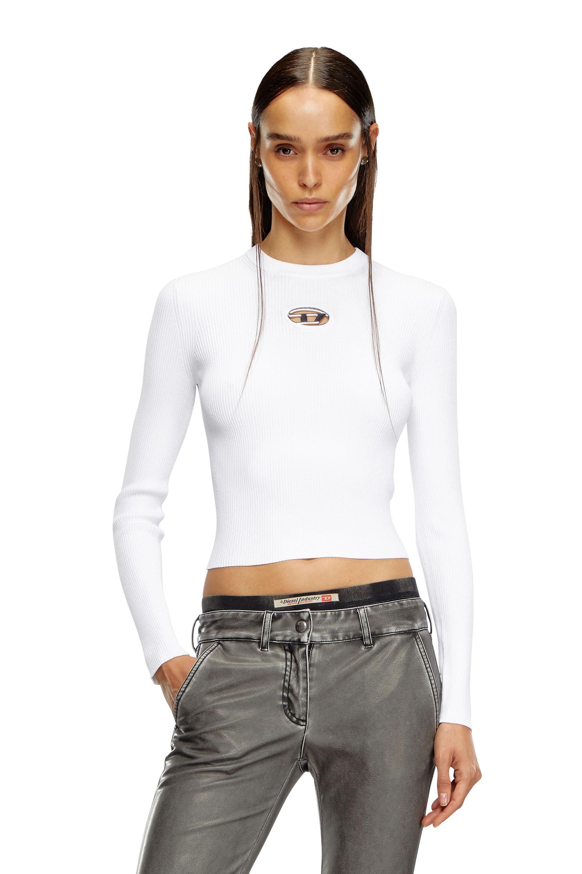 Diesel - M-VALARI, Woman Rib-knit viscose-blend top with Oval D in White - Image 3
