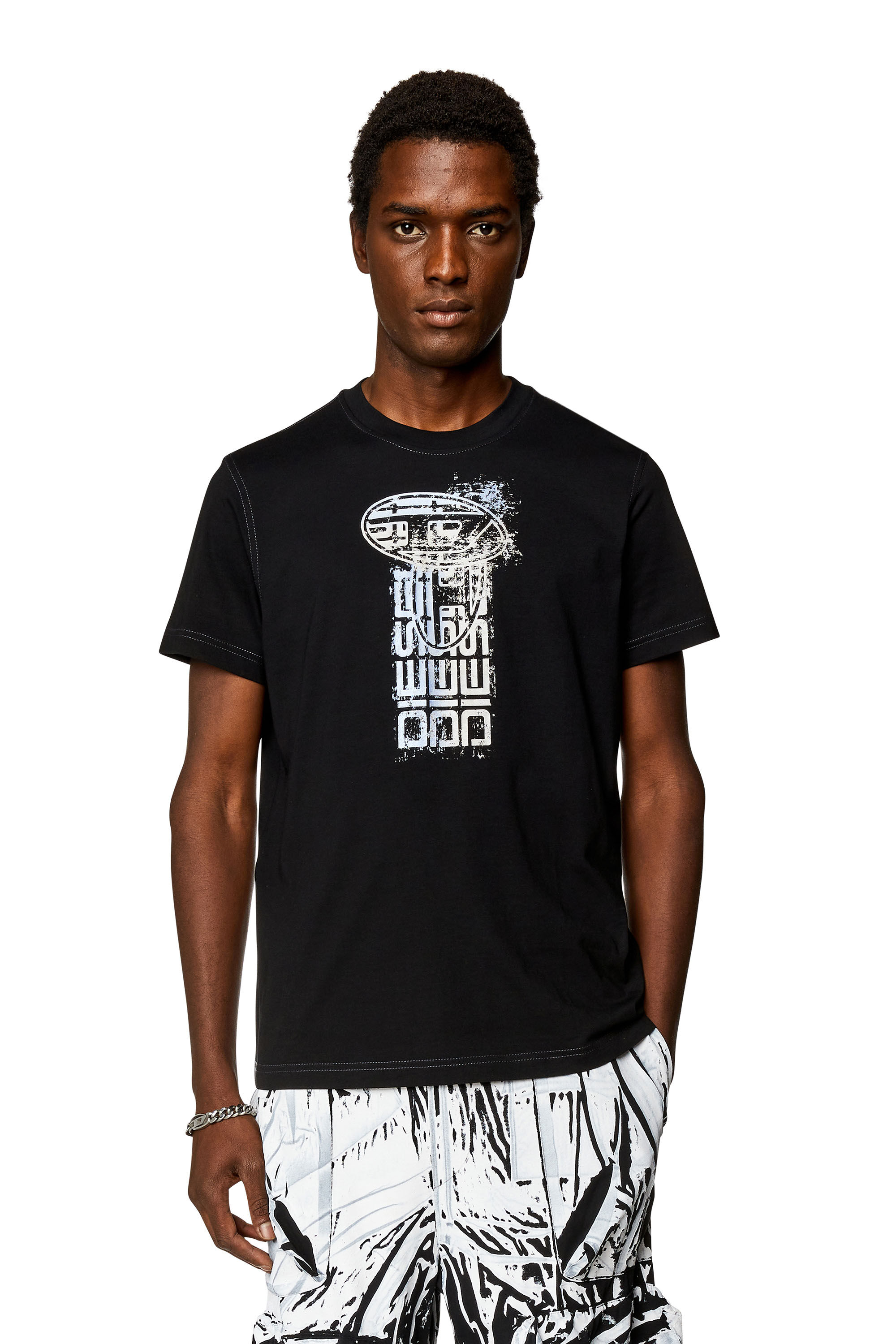 Men's graphic T-shirt with metallic logos | Black | Diesel