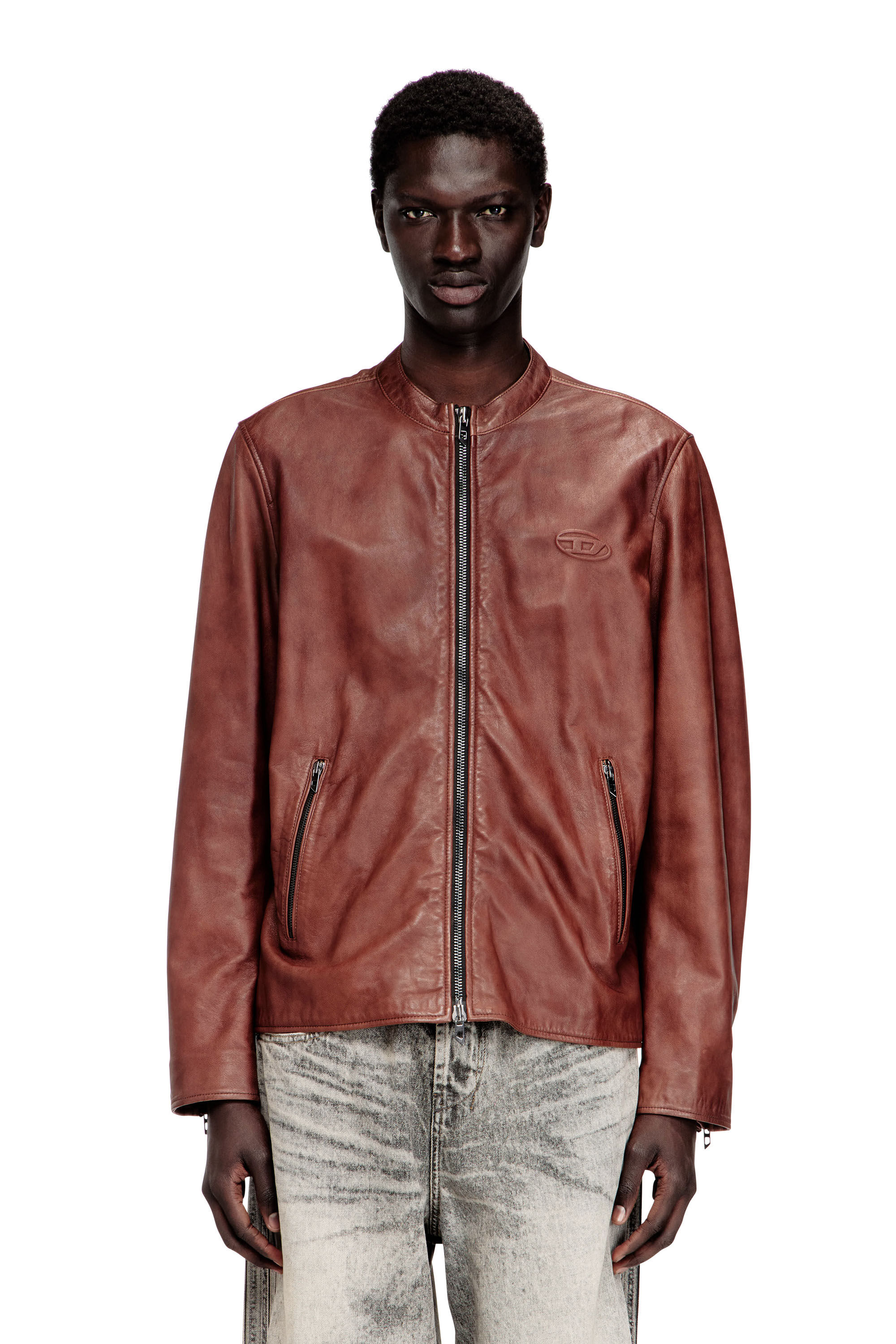 Men's Leather biker jacket with archival logo | Red | Diesel TR