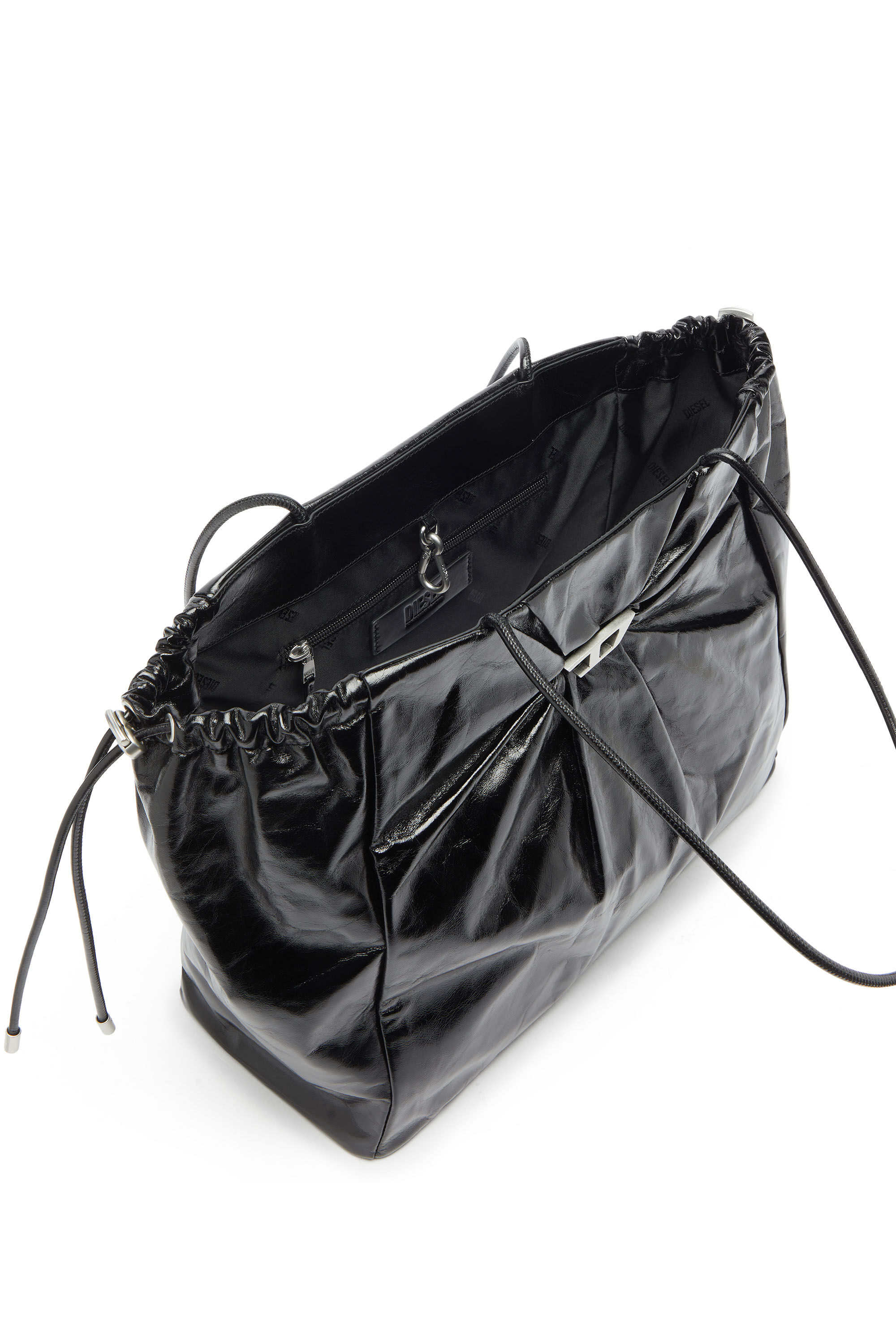 Diesel - SCRUNCH-D TOTE E/W, Woman's Scrunch-D - Tote bag in shiny wrinkled leather in Black - 3