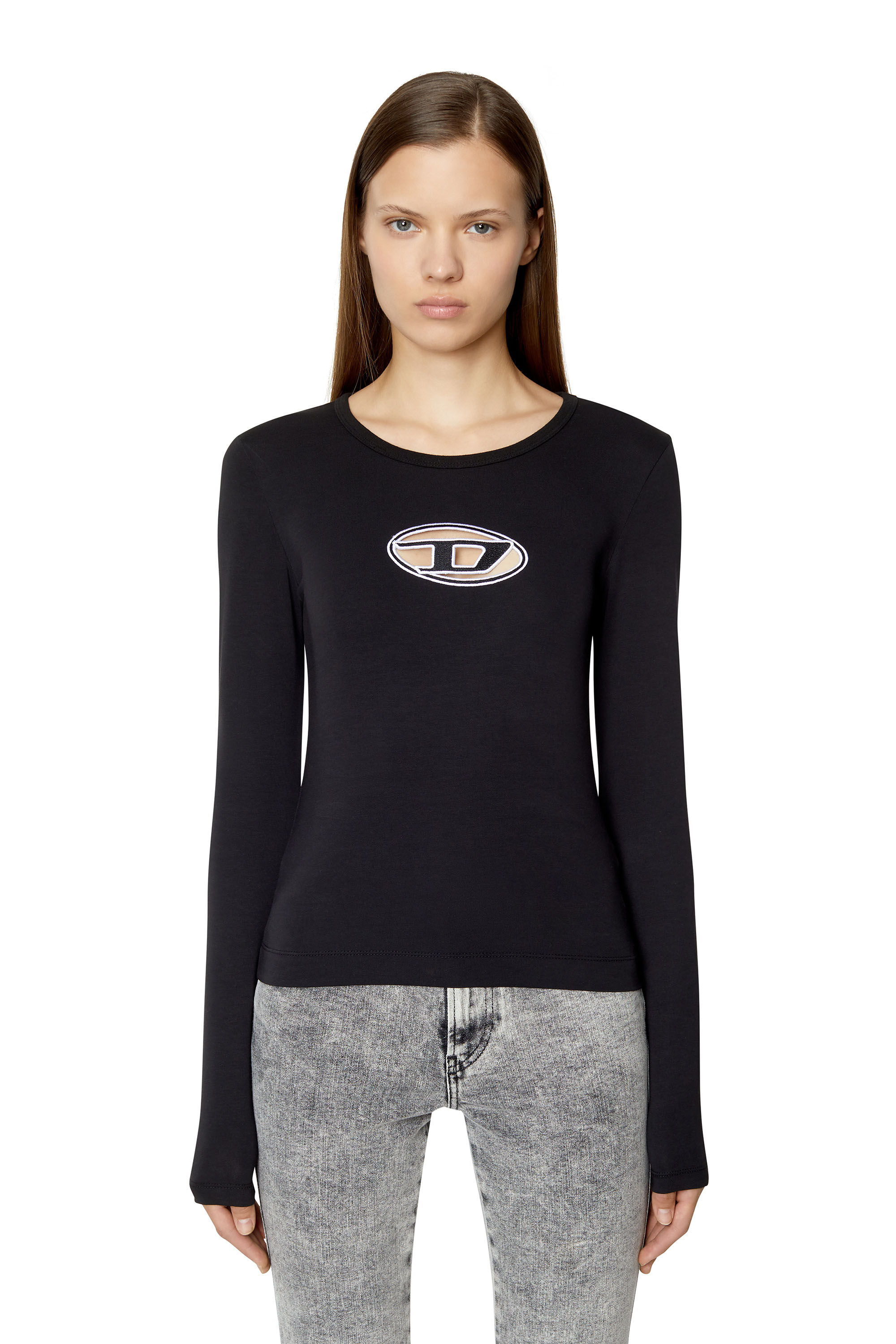 Diesel - T-ANGIE-LS, Woman's Long-sleeve T-shirt with cut-out logo in Black - 3