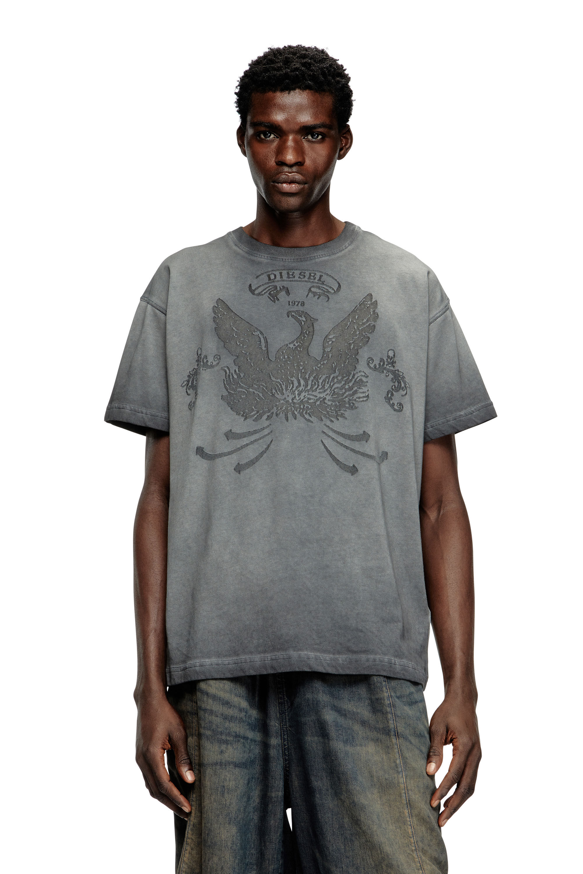 アルクフェニックス　dou shirts 　グレー ストライプ　L Men's T-shirt with phoenix devoré | Grey | Diesel TR