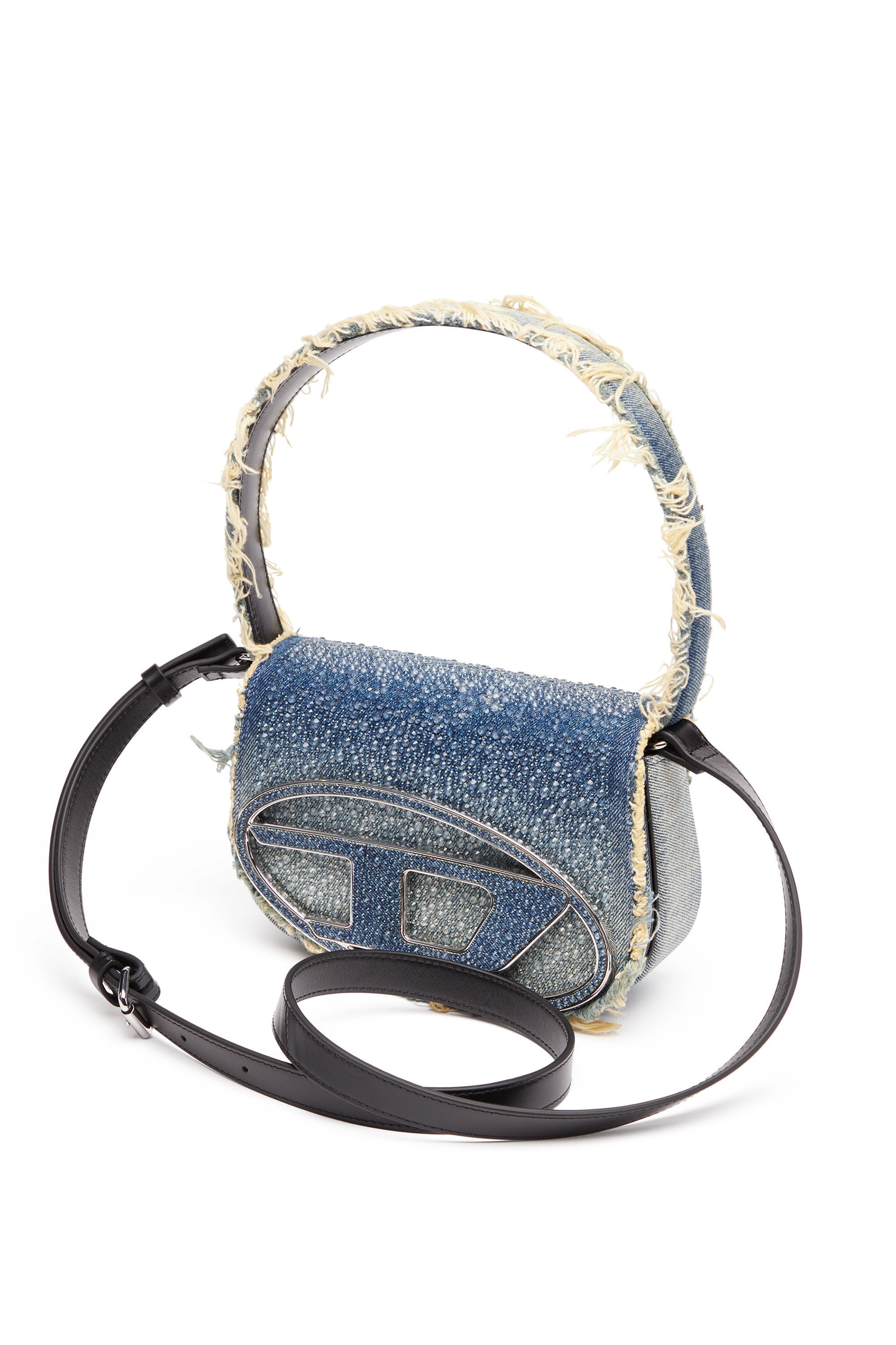 Women's 1DR-Iconic shoulder bag in denim and crystals | Blue