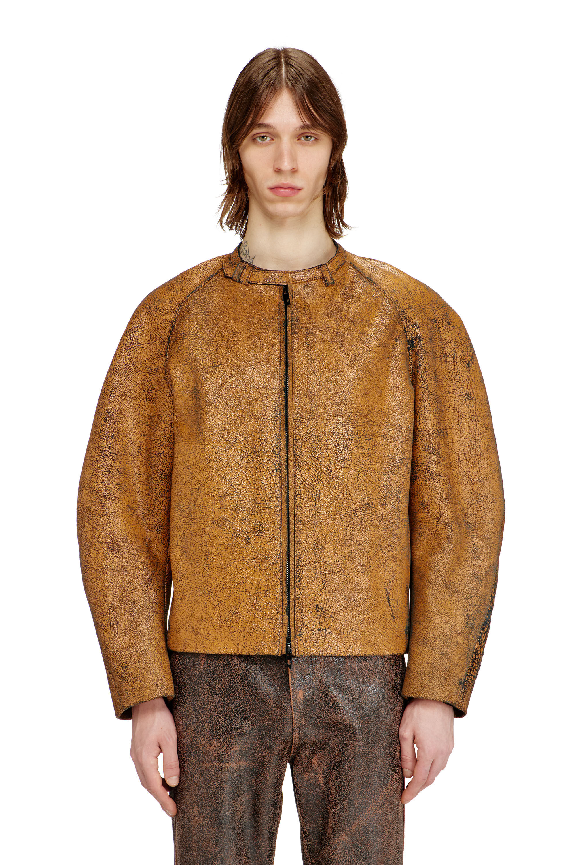 Men's Cocoon-sleeve biker jacket in cracked leather | Brown
