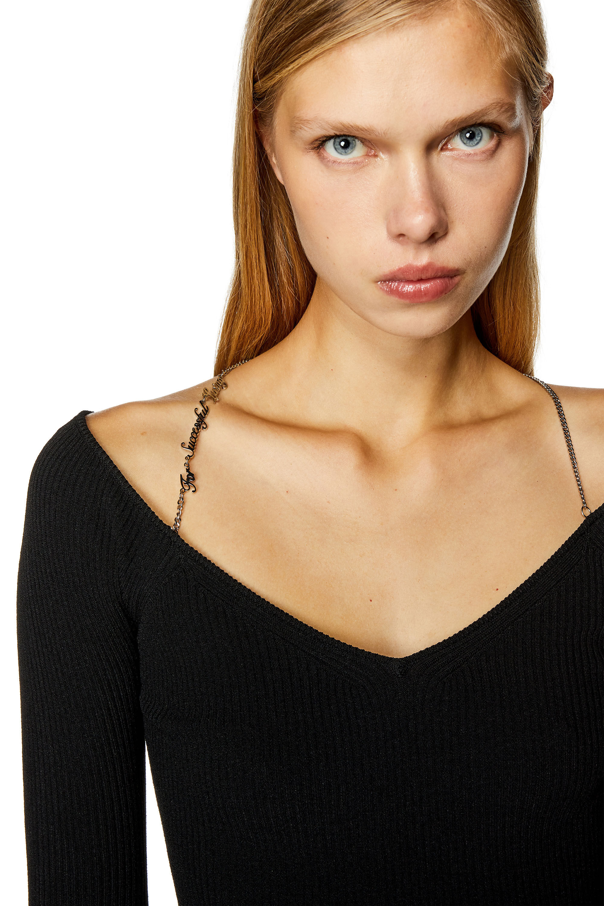 Women's Ribbed top with logo chain strap | Black | Diesel