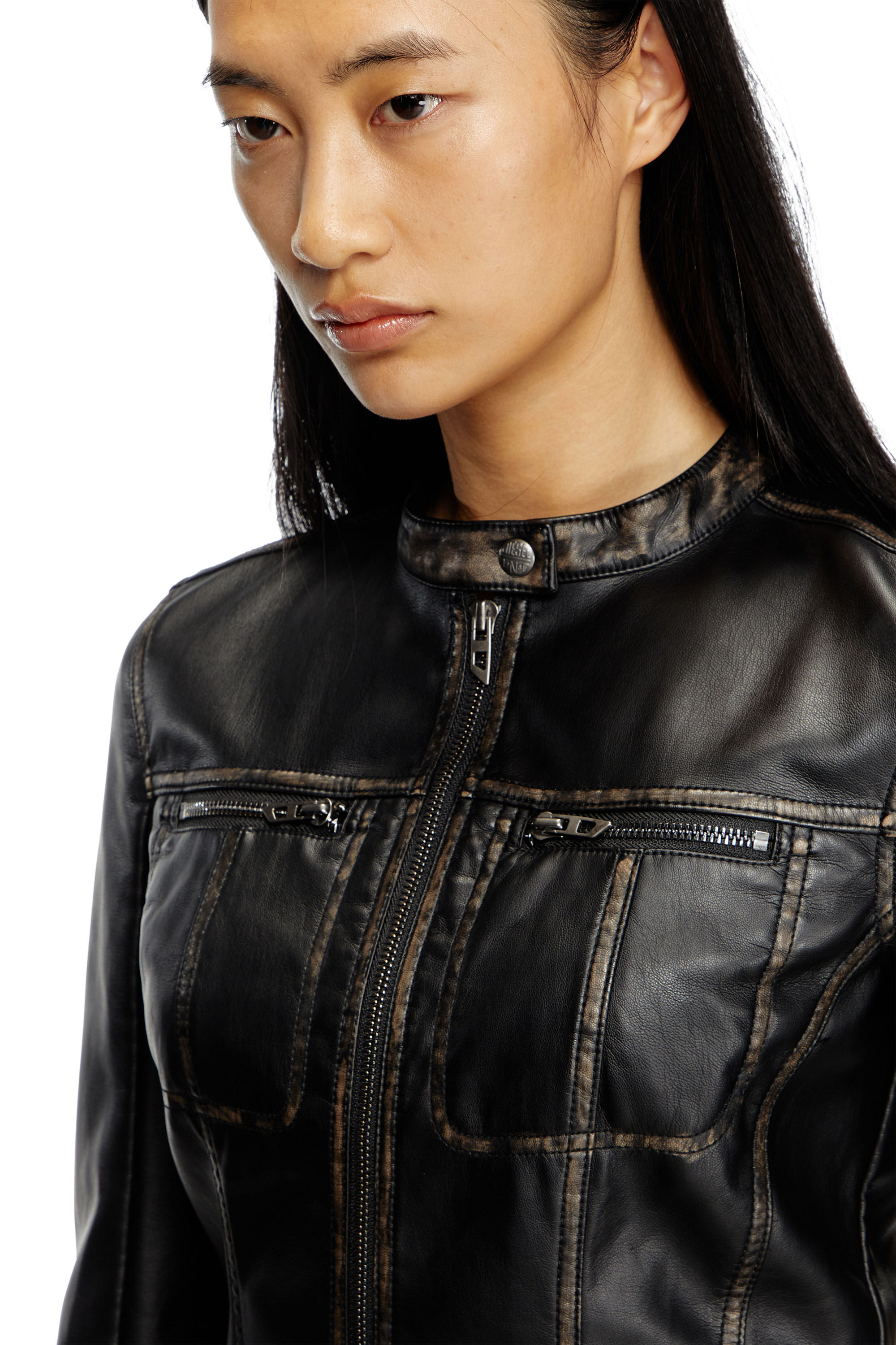 Women's Cropped distressed biker jacket | Black | Diesel