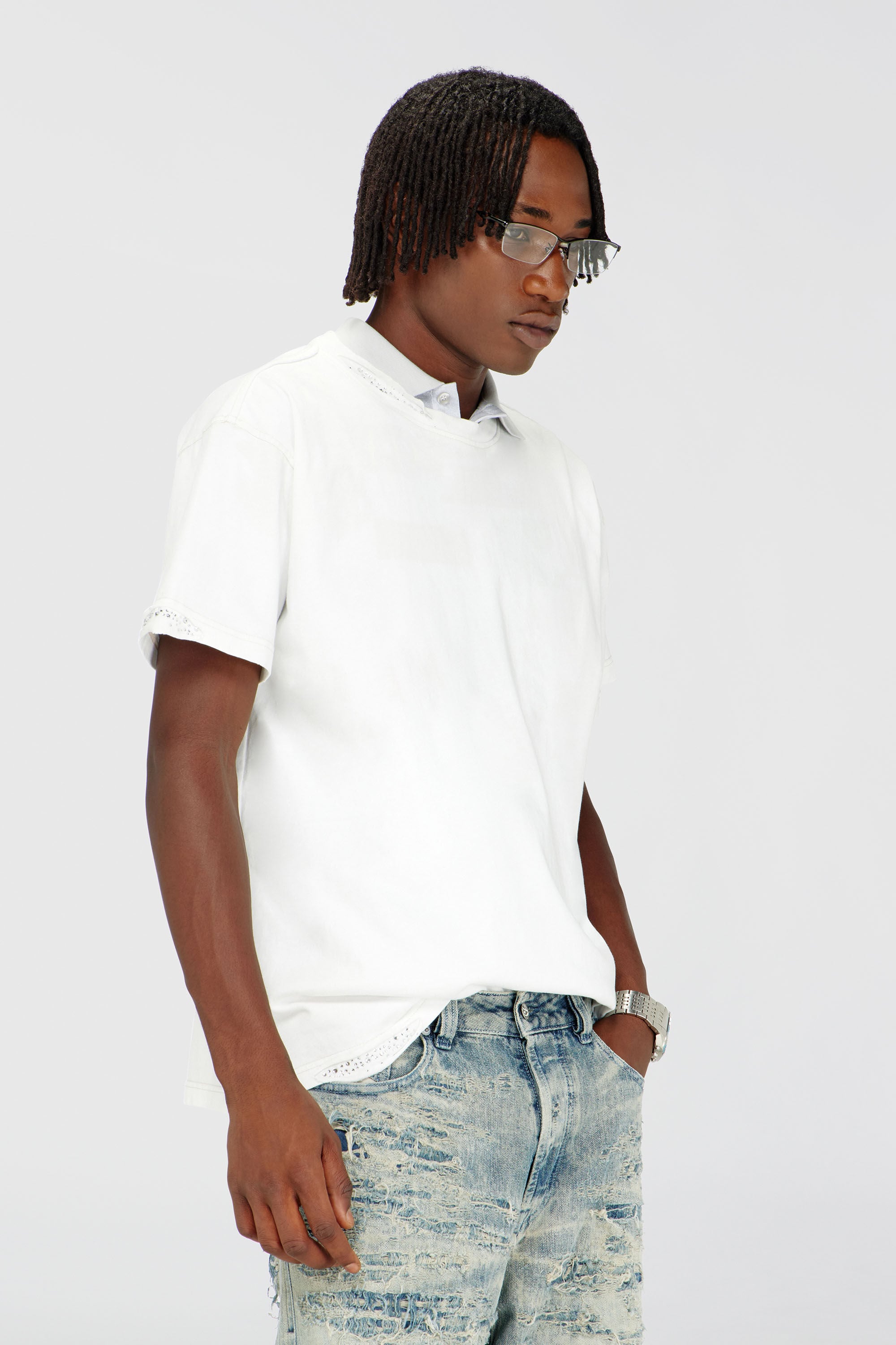 Diesel - T-NORM-CRYSTALS, Man's T-shirt with frayed edges and crystal details in White - 3