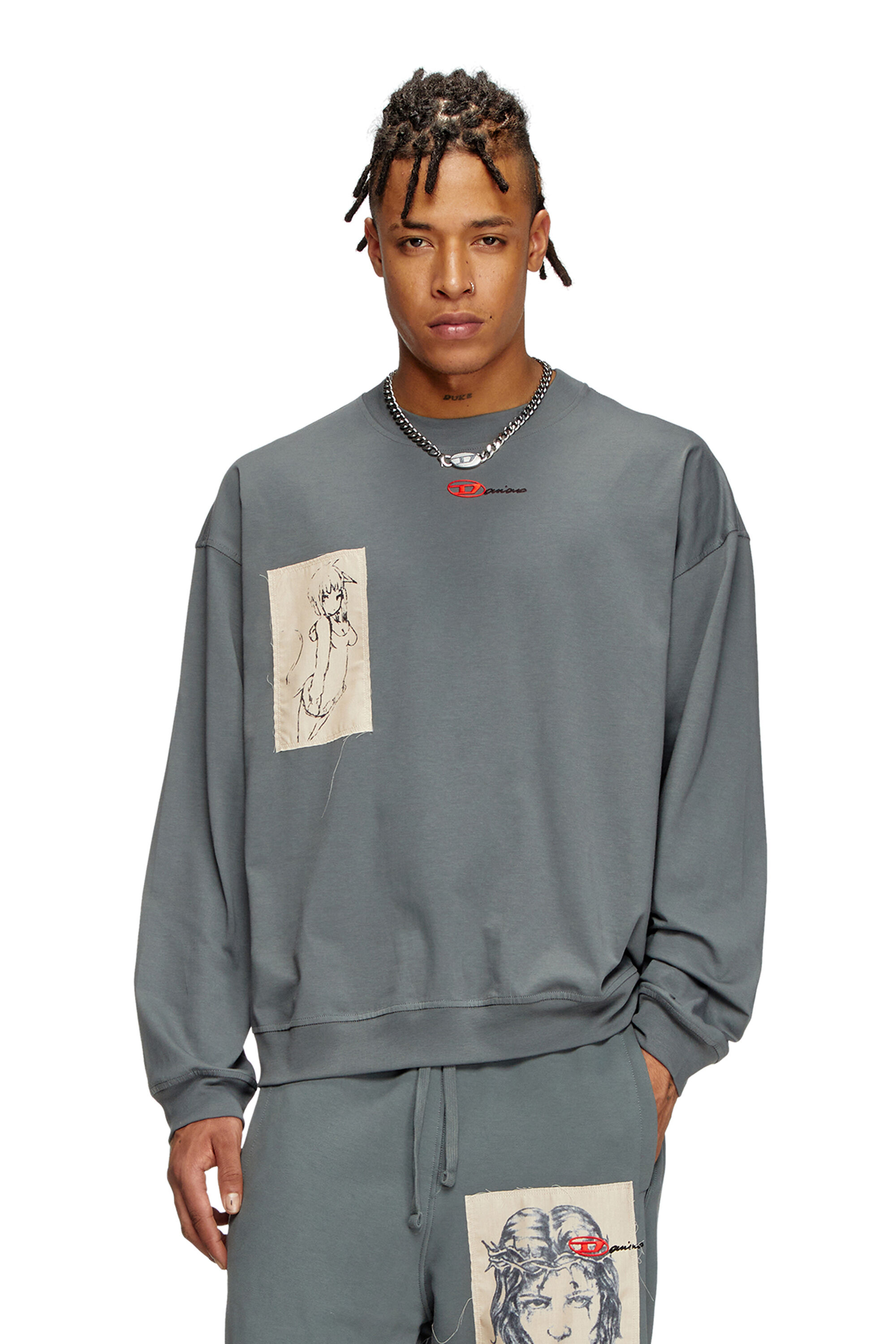 Diesel - S-BOXT-LS-1P-DD, Unisex's Long-sleeve T-shirt with tattoo patches in Grey - 3