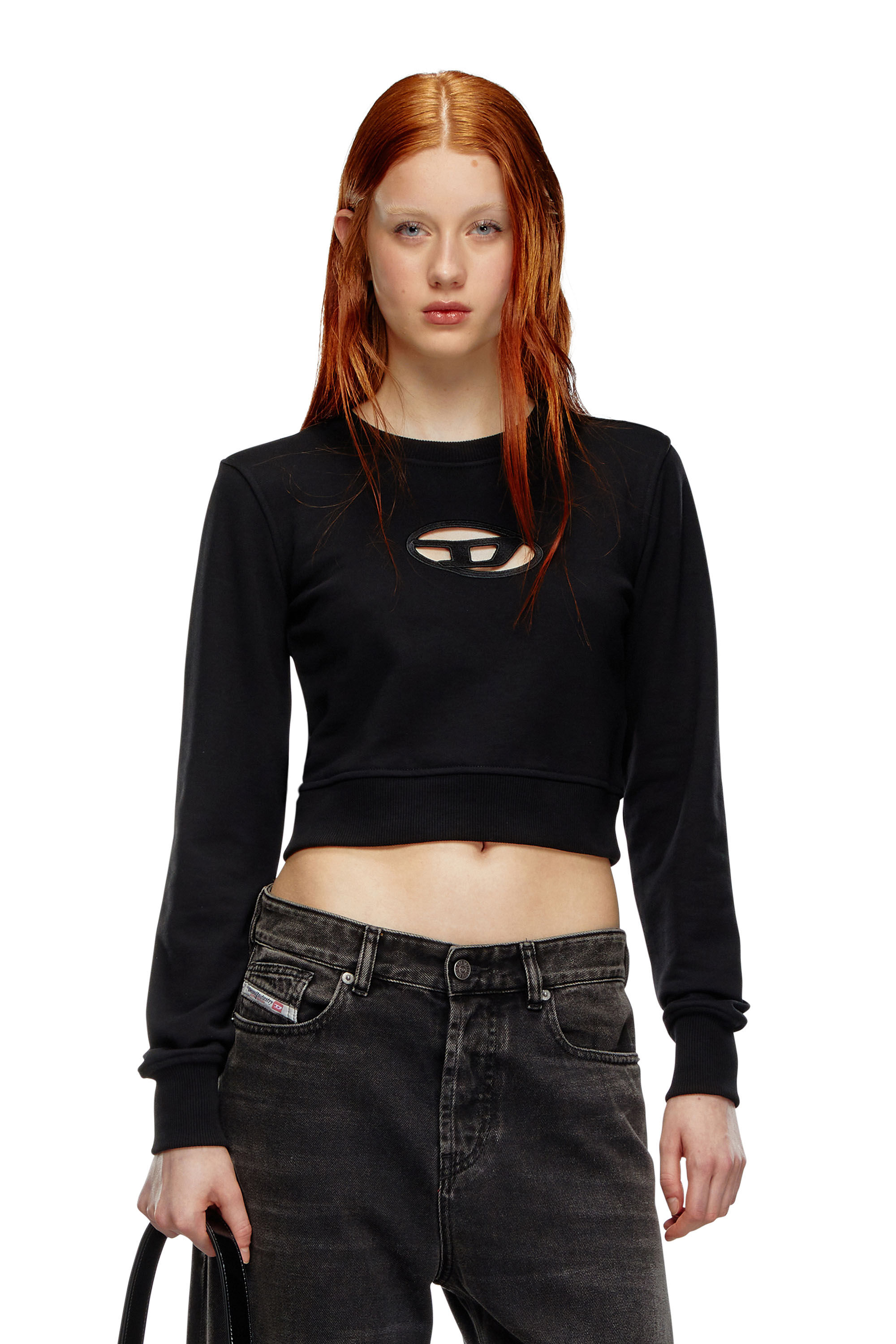 Women s Cropped sweatshirt with cut out logo Black Diesel