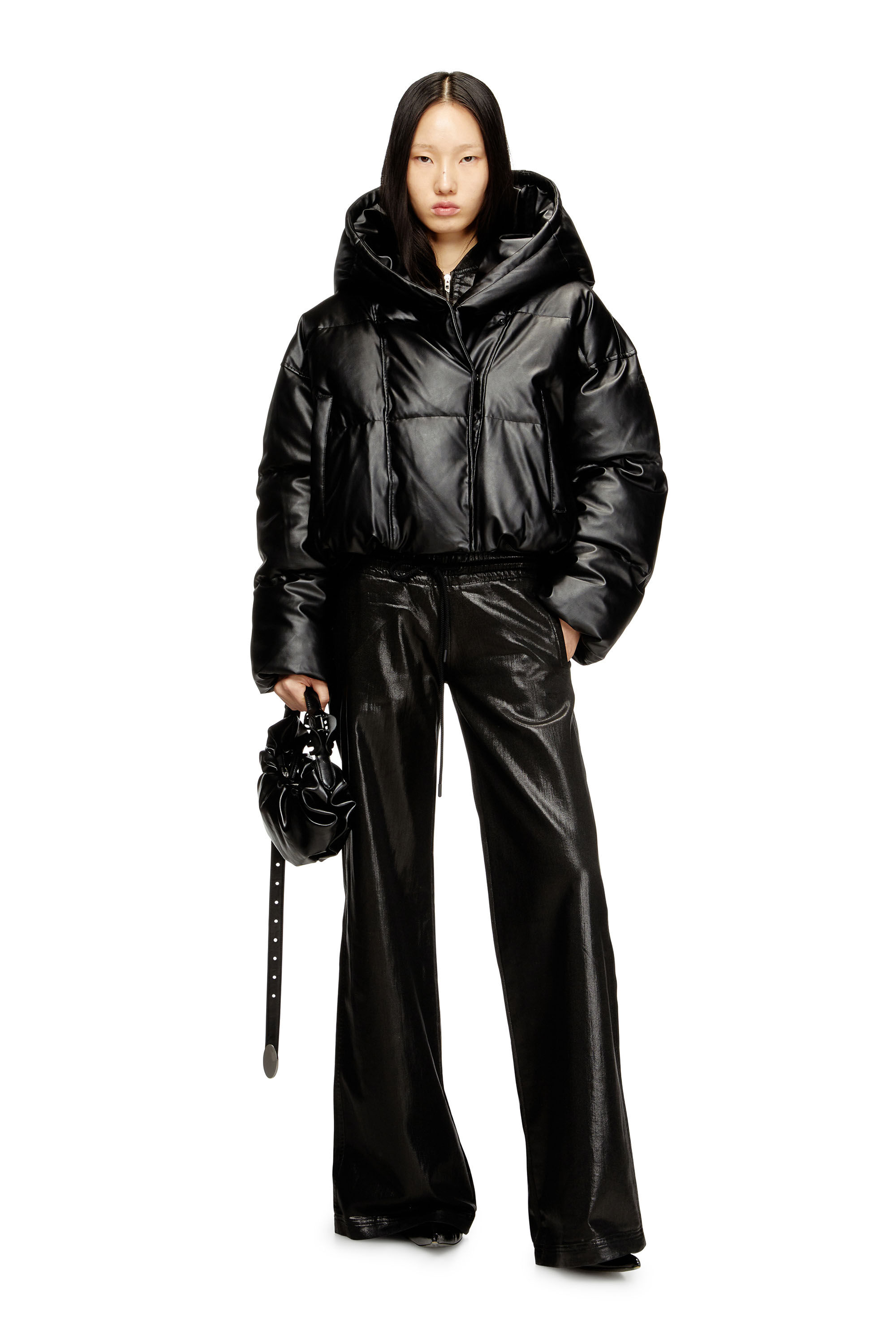 Women's Hooded puffer jacket in coated fabric | Black | Diesel