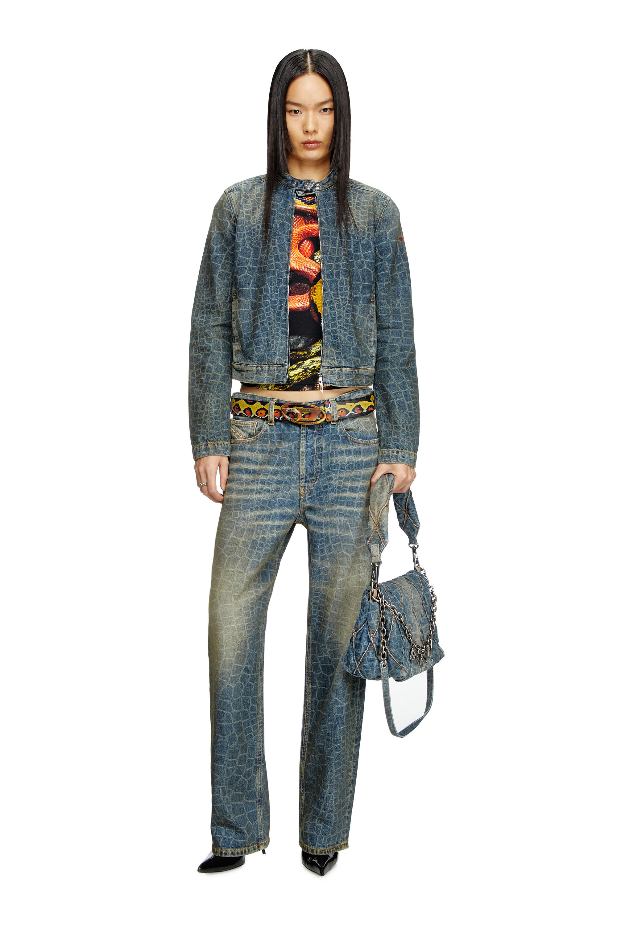 Women's Moto jacket in snake-print denim | Blue | Diesel