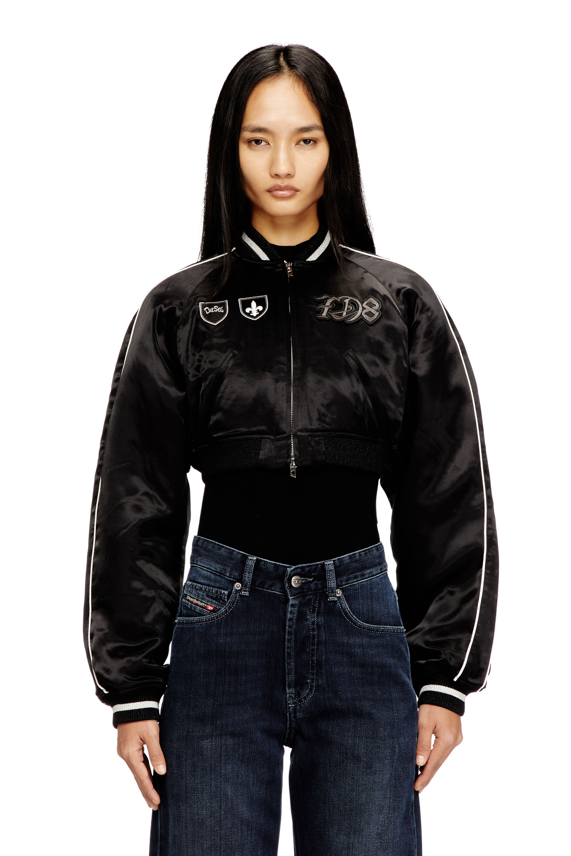 DIESEL ブラック クロップドジャケット Women's Cropped satin souvenir jacket | Black | Diesel