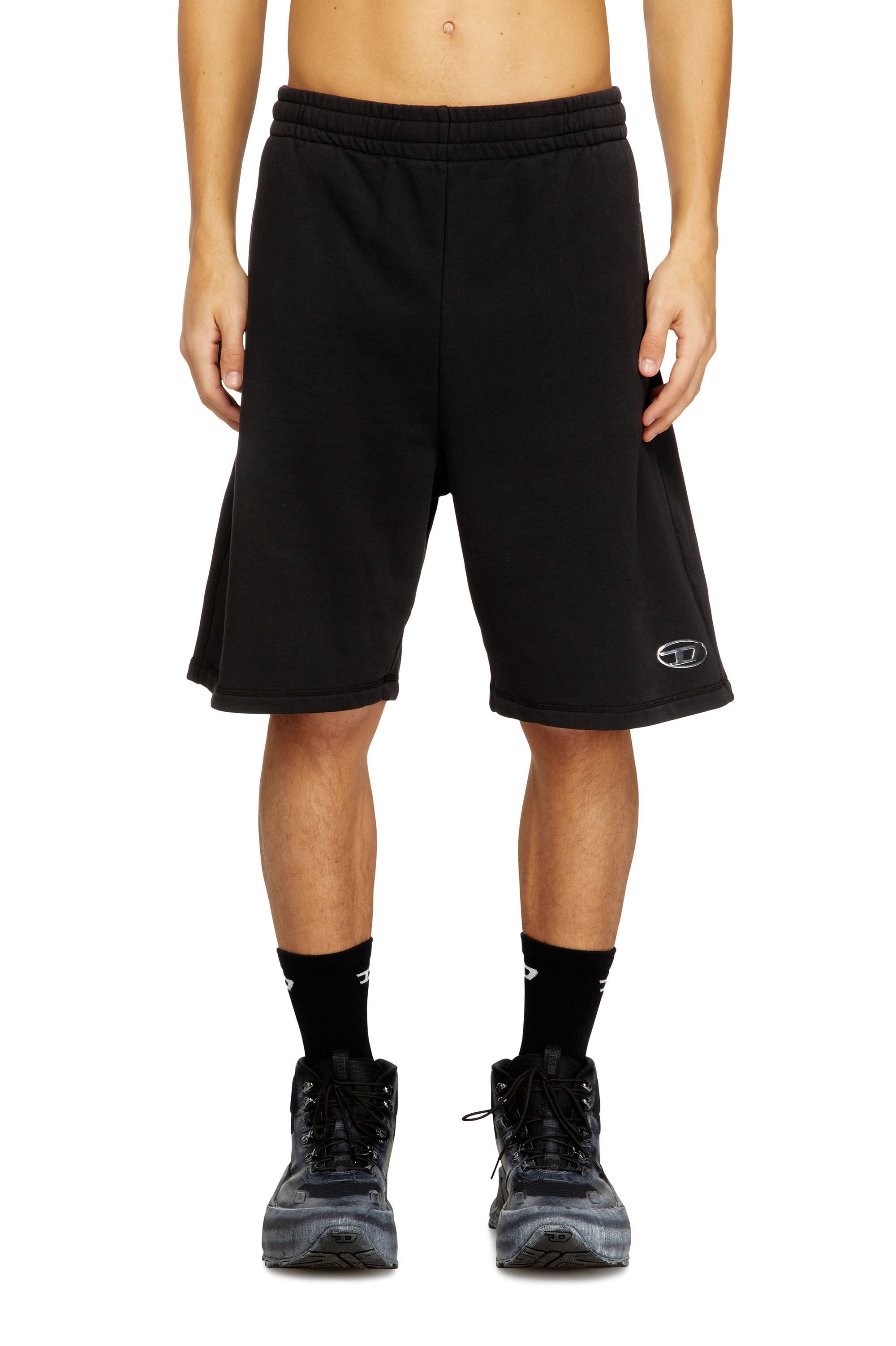 Diesel - P-MARSHY-IOD, Man's Fleece shorts with metallic Oval D in Black - 3