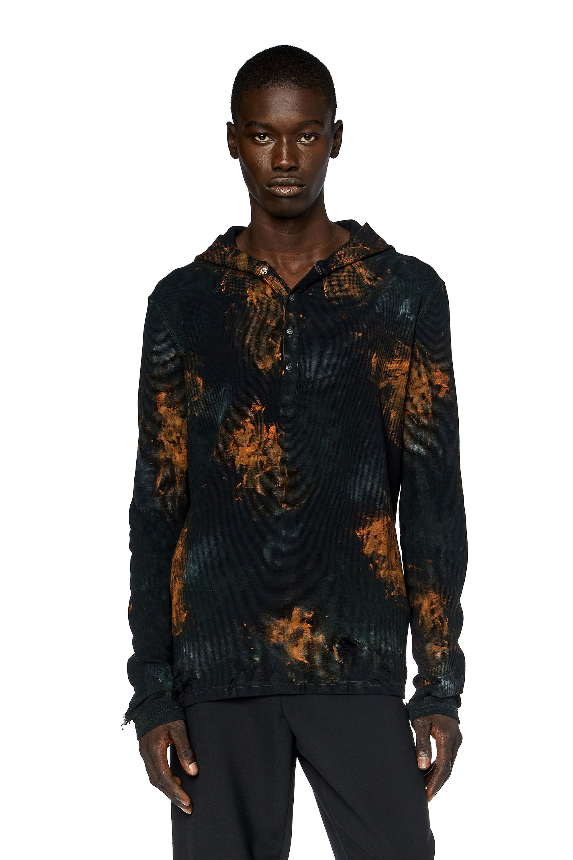 【DIESEL】A04844 D-SHARP-HOOD スウェット長袖チュニック Men's Distressed hooded Henley top in waffle knit | Multicolor
