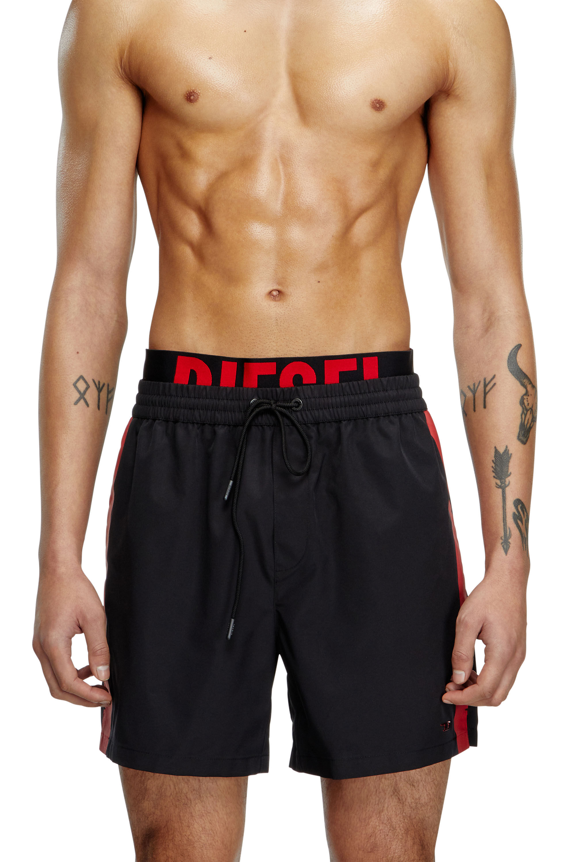 Diesel - VISPER-41-D-POP, Man's Mid-length swim shorts with hybrid waist in Black/Red - 1