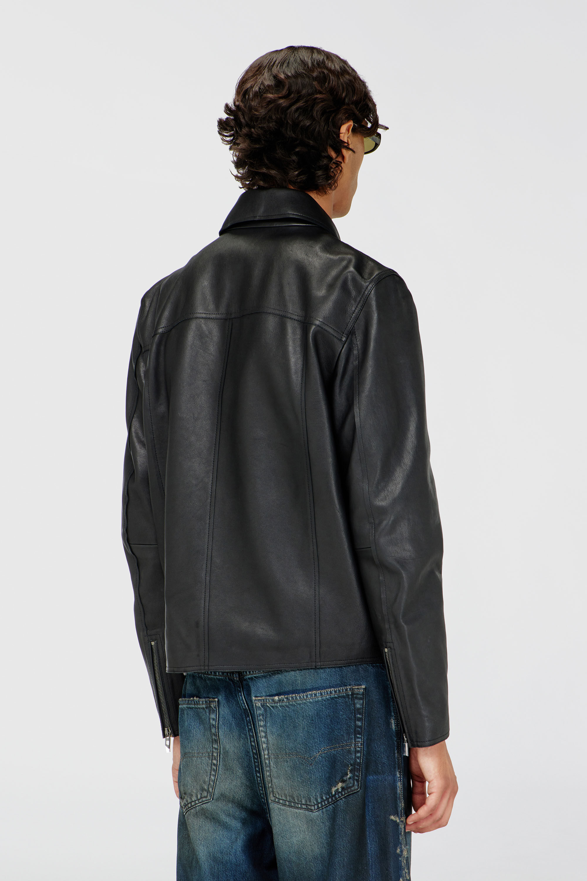 Men's Leather jacket with embossed Oval D | Black | Diesel TR