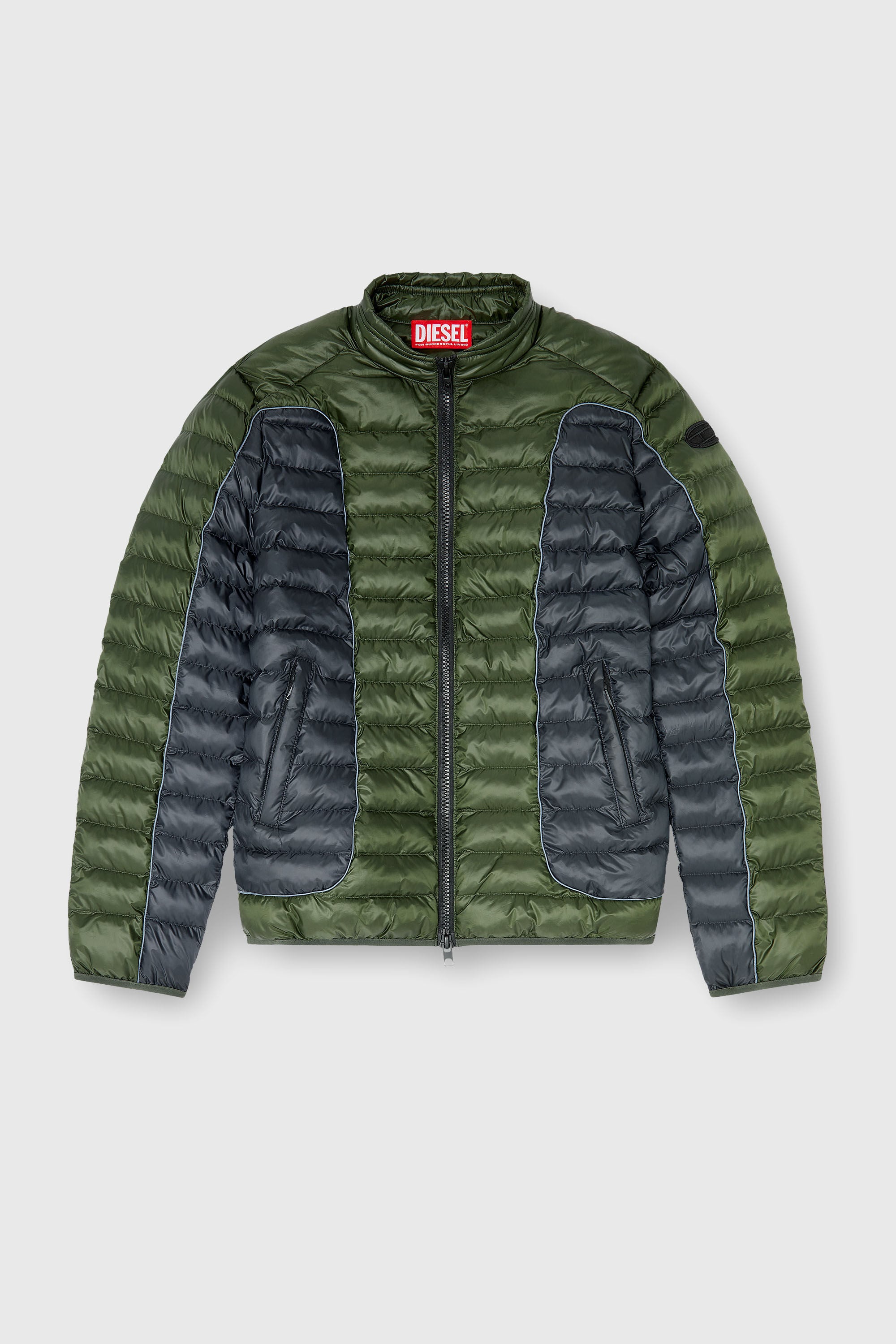 Diesel - W-PILOT-BLOCK, Man's Biker-style puffer jacket with colour-block design in Grey/Green - 2