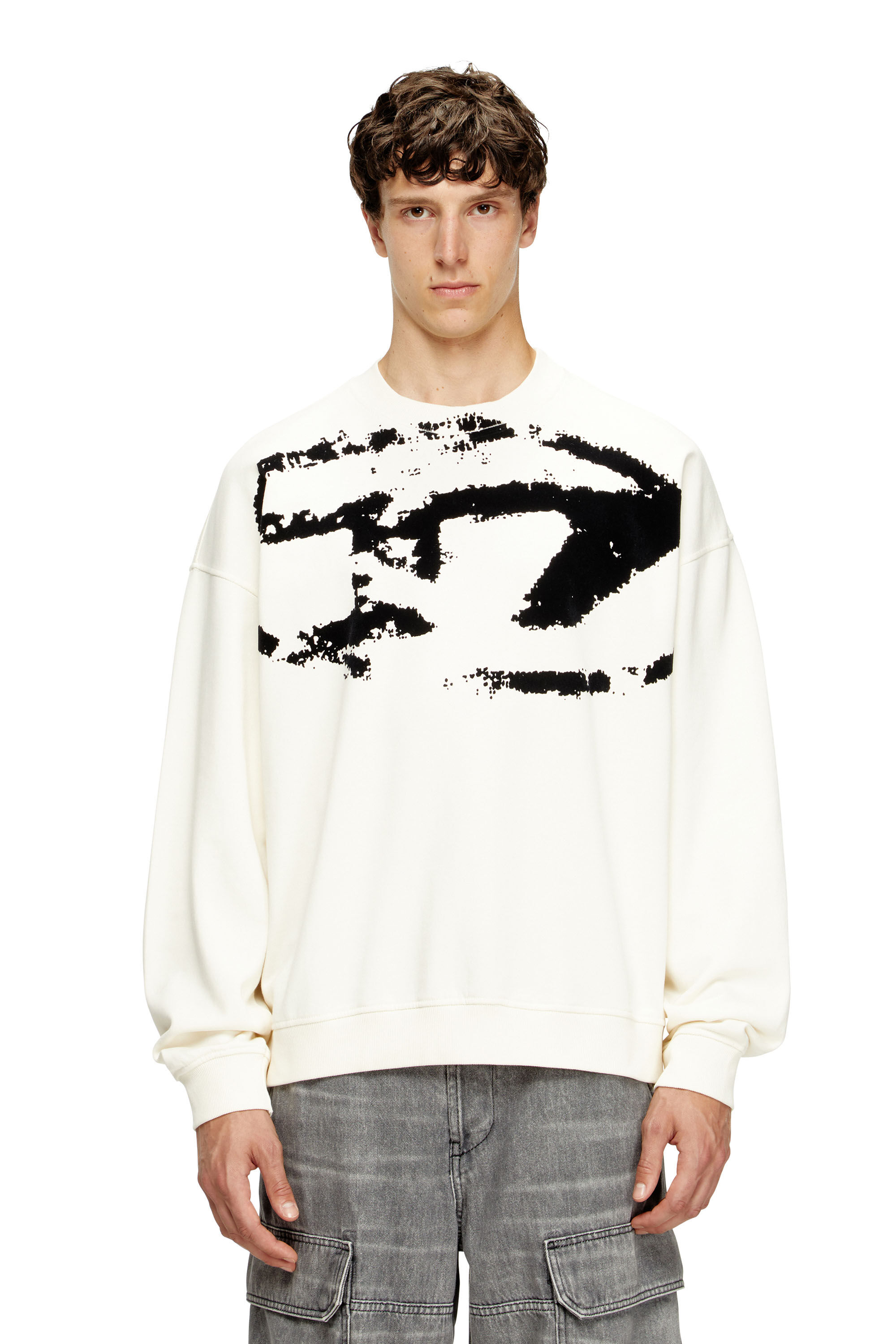 Men's Sweatshirt with distressed flocked logo | White | Diesel