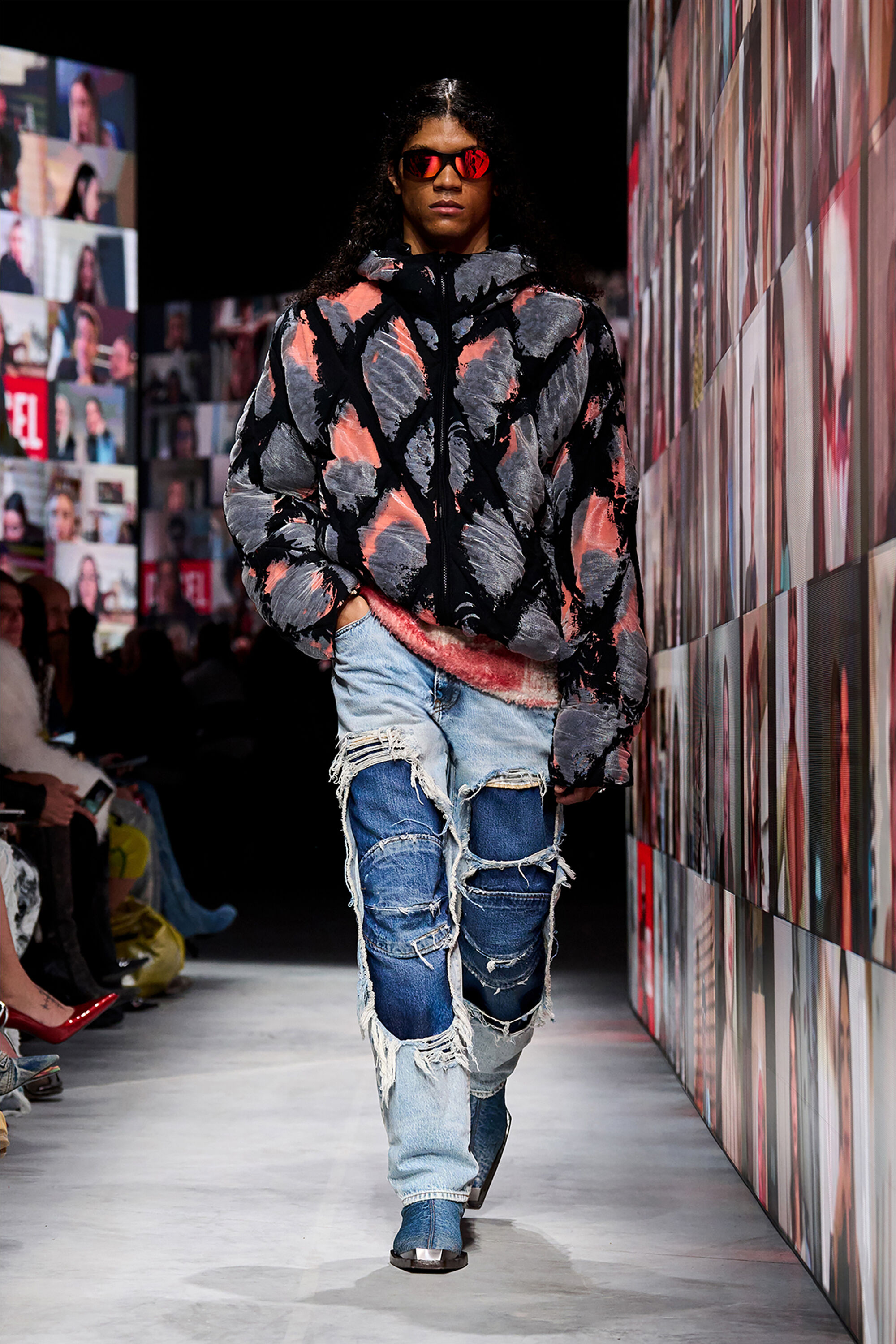 Men's Hooded devoré argyle puffer jacket | Multicolor | Diesel Men's Hooded devoré argyle puffer jacket | Multicolor | Diesel