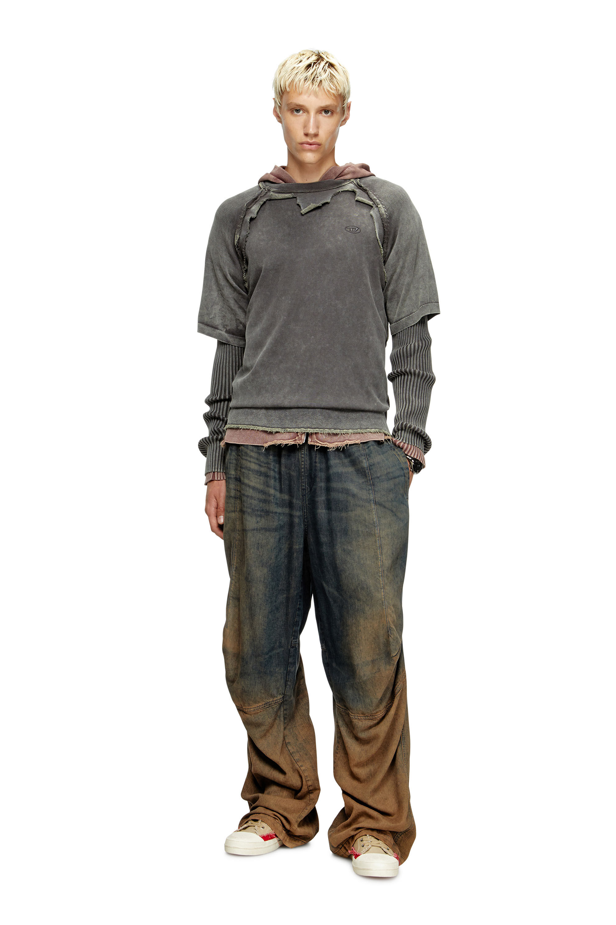 Diesel - K-PETRO, Man's Layered sweater with destroyed effect in Dark grey - 1