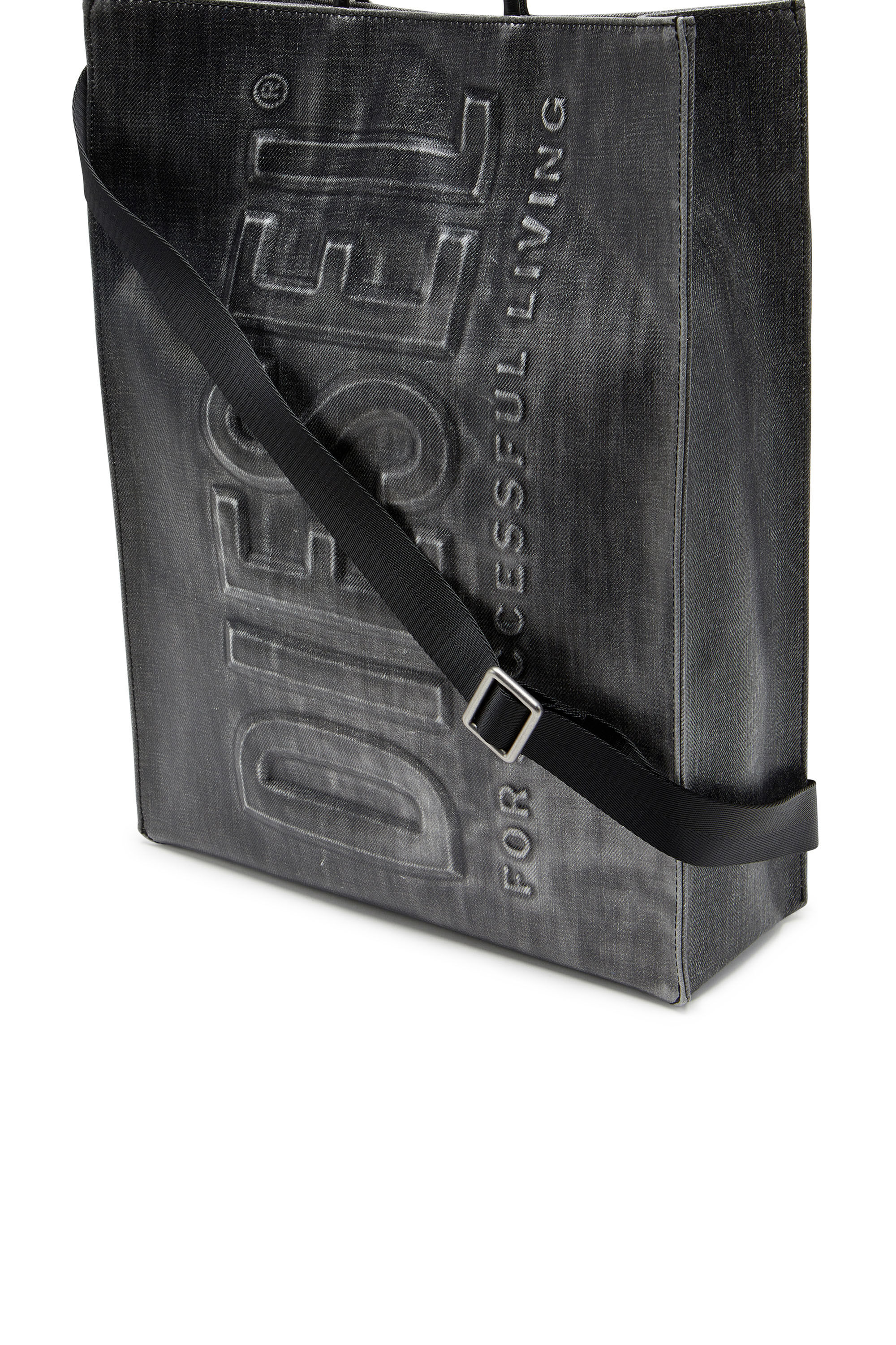 Men's Dsl 3D L-Large tote bag in coated solarised denim | Black | Diesel