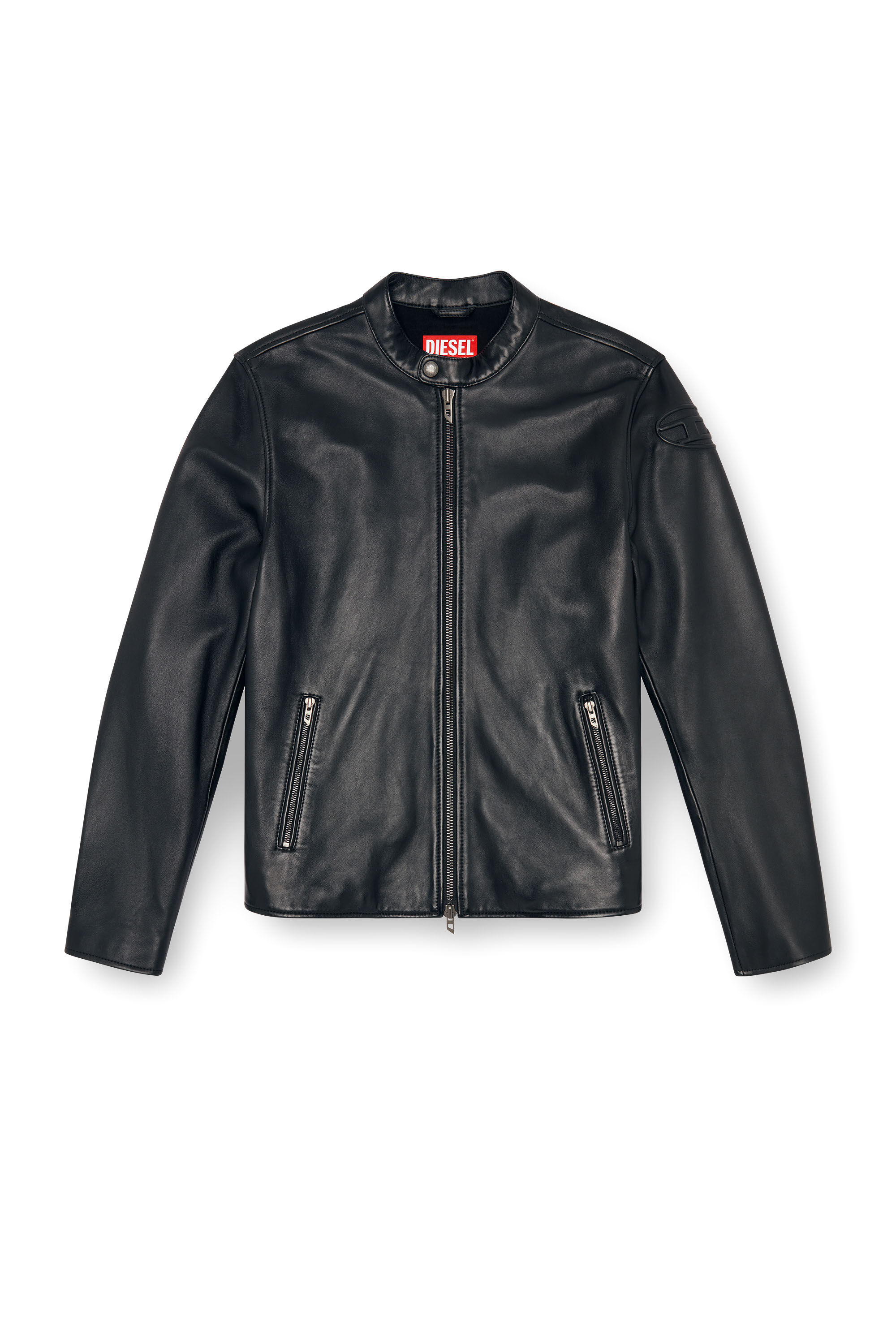Men s Leather biker jacket with embossed logo Black Diesel