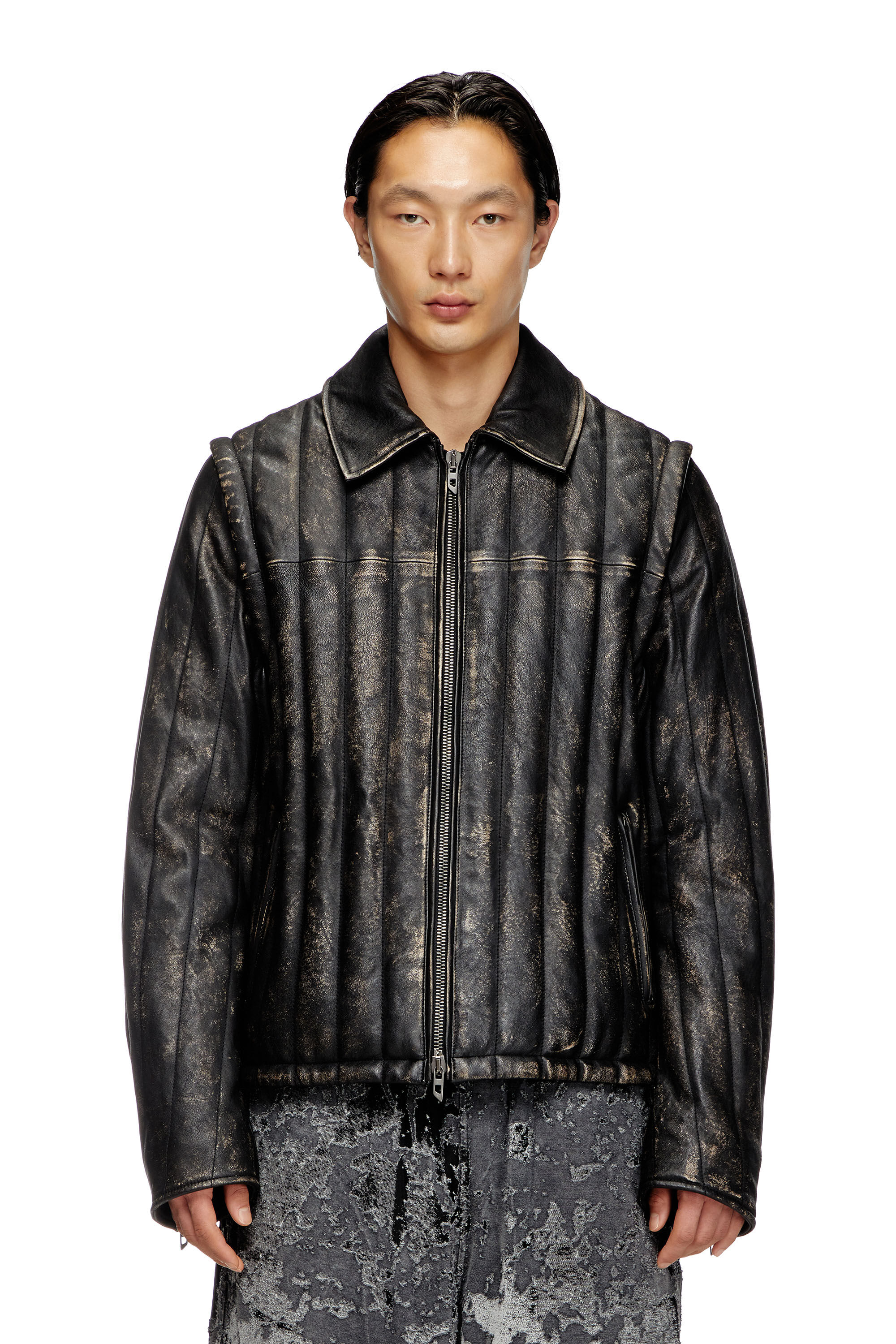 Diesel - L-ALBERT, Man's Distressed quilted leather jacket/vest in Black - 3