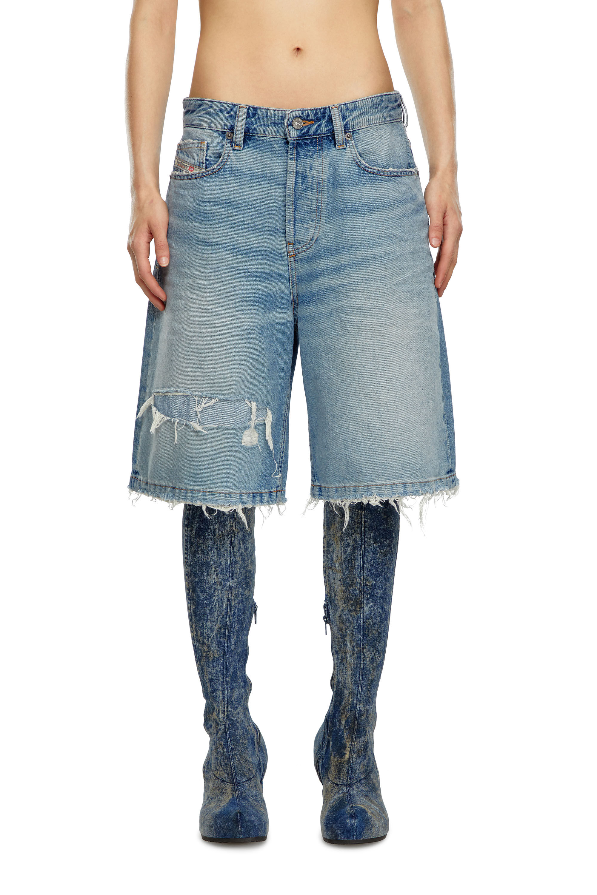 Women's Shorts in ripped and repaired denim | Blue | Diesel Women's Shorts in ripped and repaired denim | Blue | Diesel