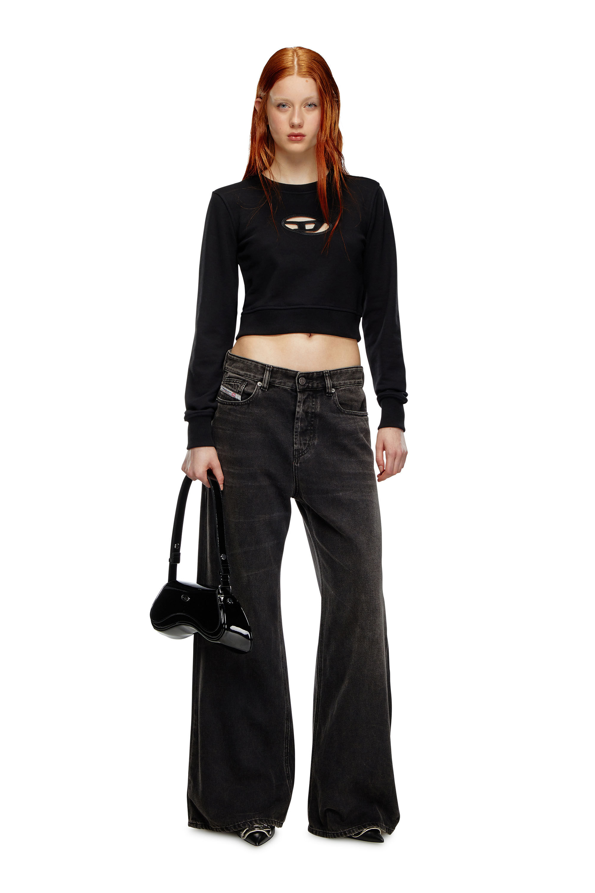 Women s Cropped sweatshirt with cut out logo Black Diesel