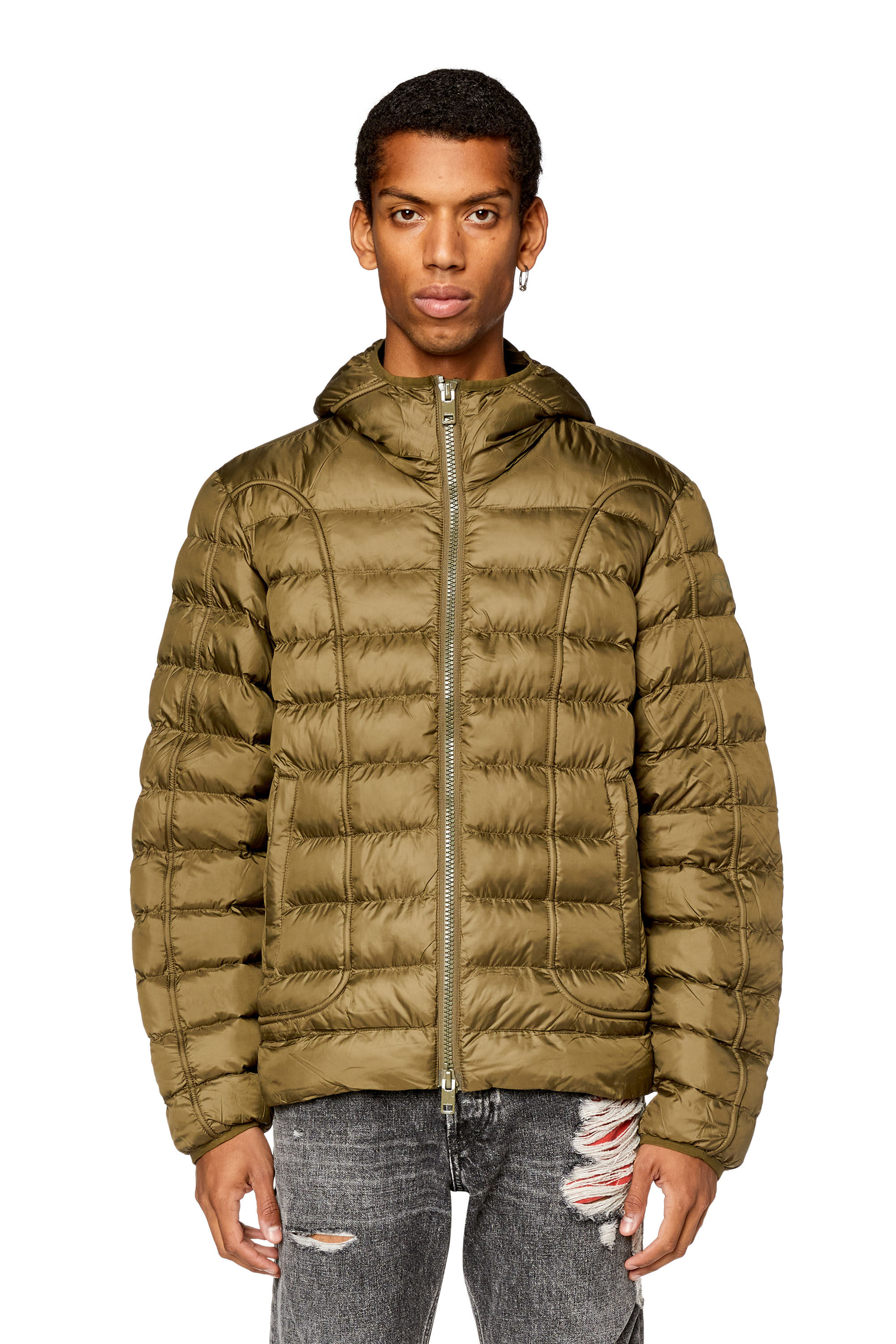 Men's Hooded nylon puffer jacket with piping | W-SCOTTYS Diesel