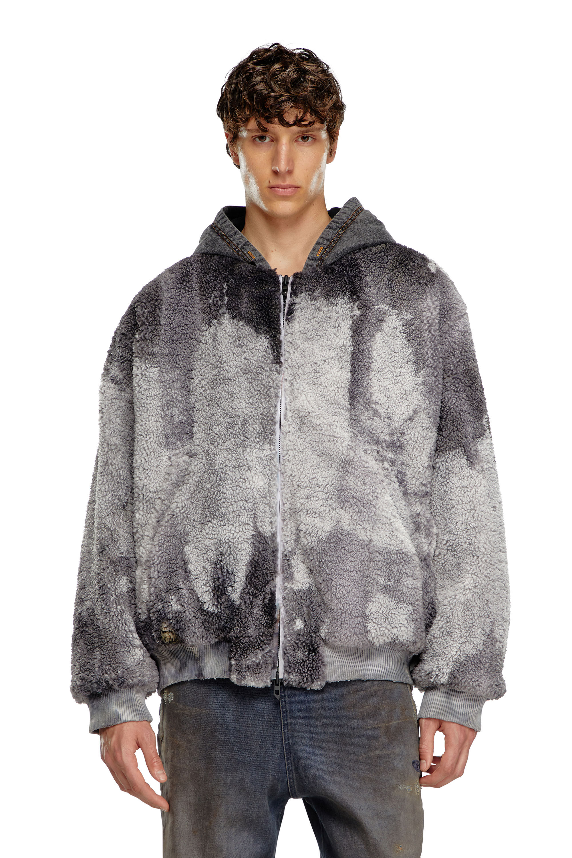 Men s Tie dyed teddy jacket with denim hood Grey Diesel