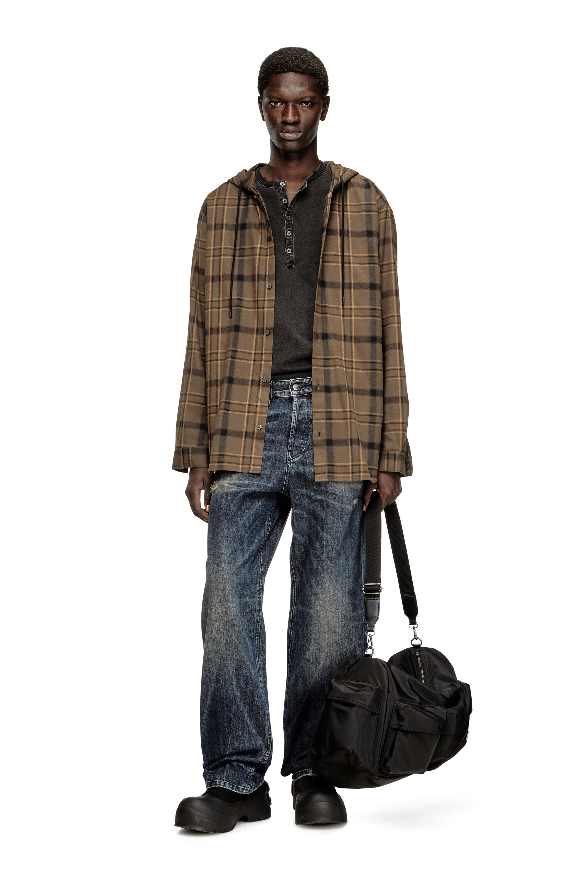 diesel チェックシャツ 46 Men's Hooded shirt in check flannel with logo | Multicolor | Diesel