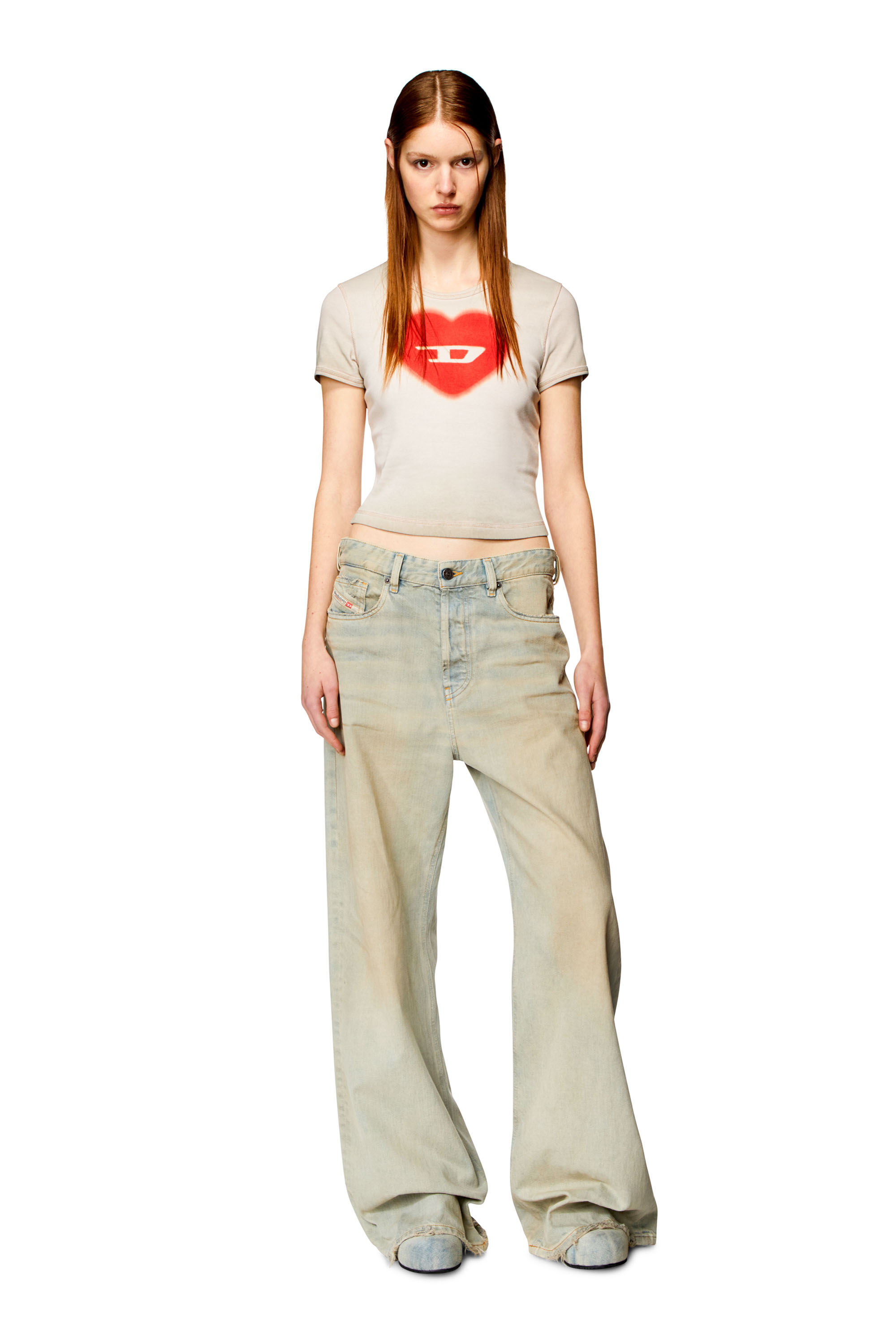 Women's Ribbed T-shirt with watercolour heart D | Beige | Diesel