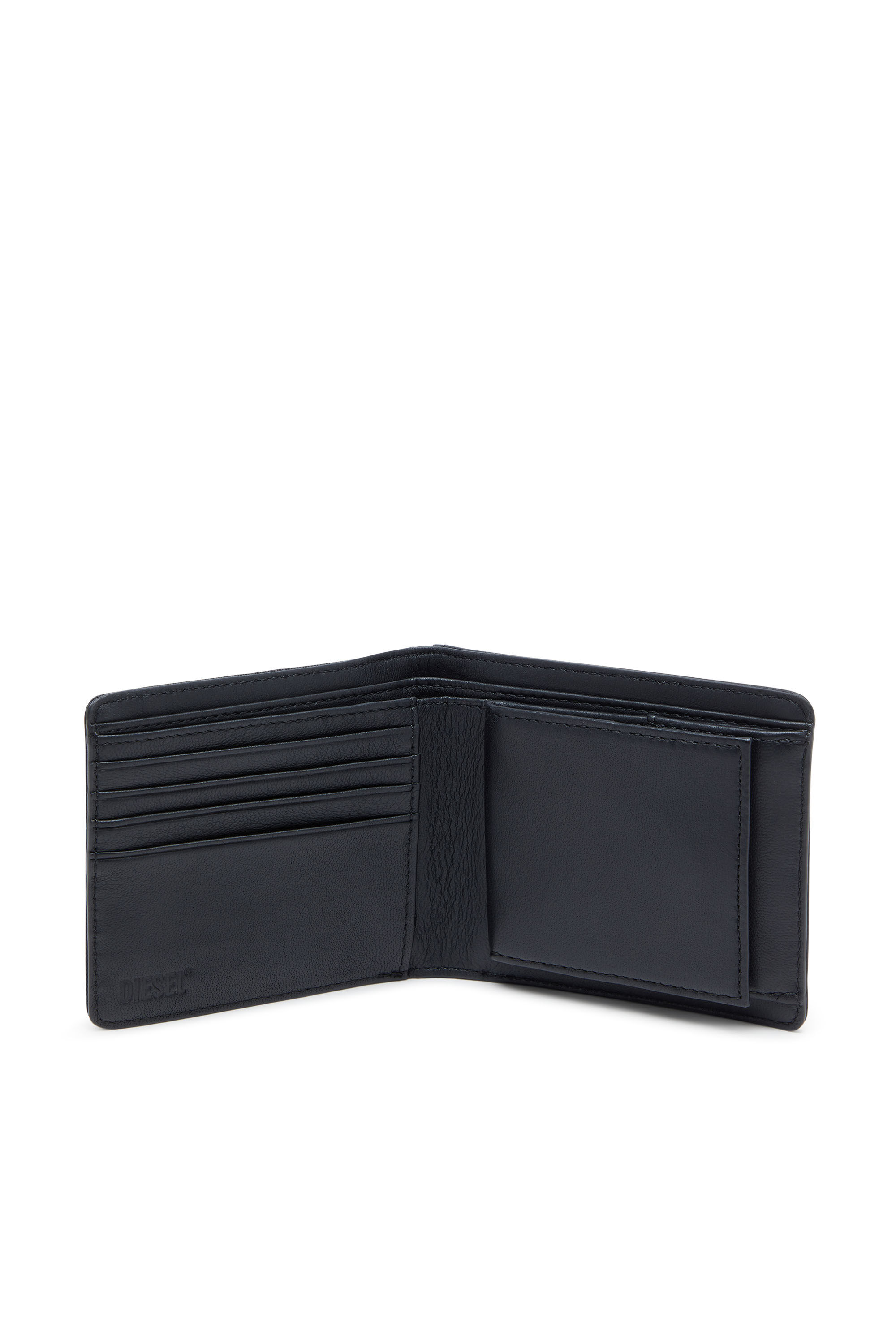 Diesel - MULTI-PKTS BI FOLD COIN S 3D, Man's Leather bi-fold wallet with metal logo plaque in Black - 3