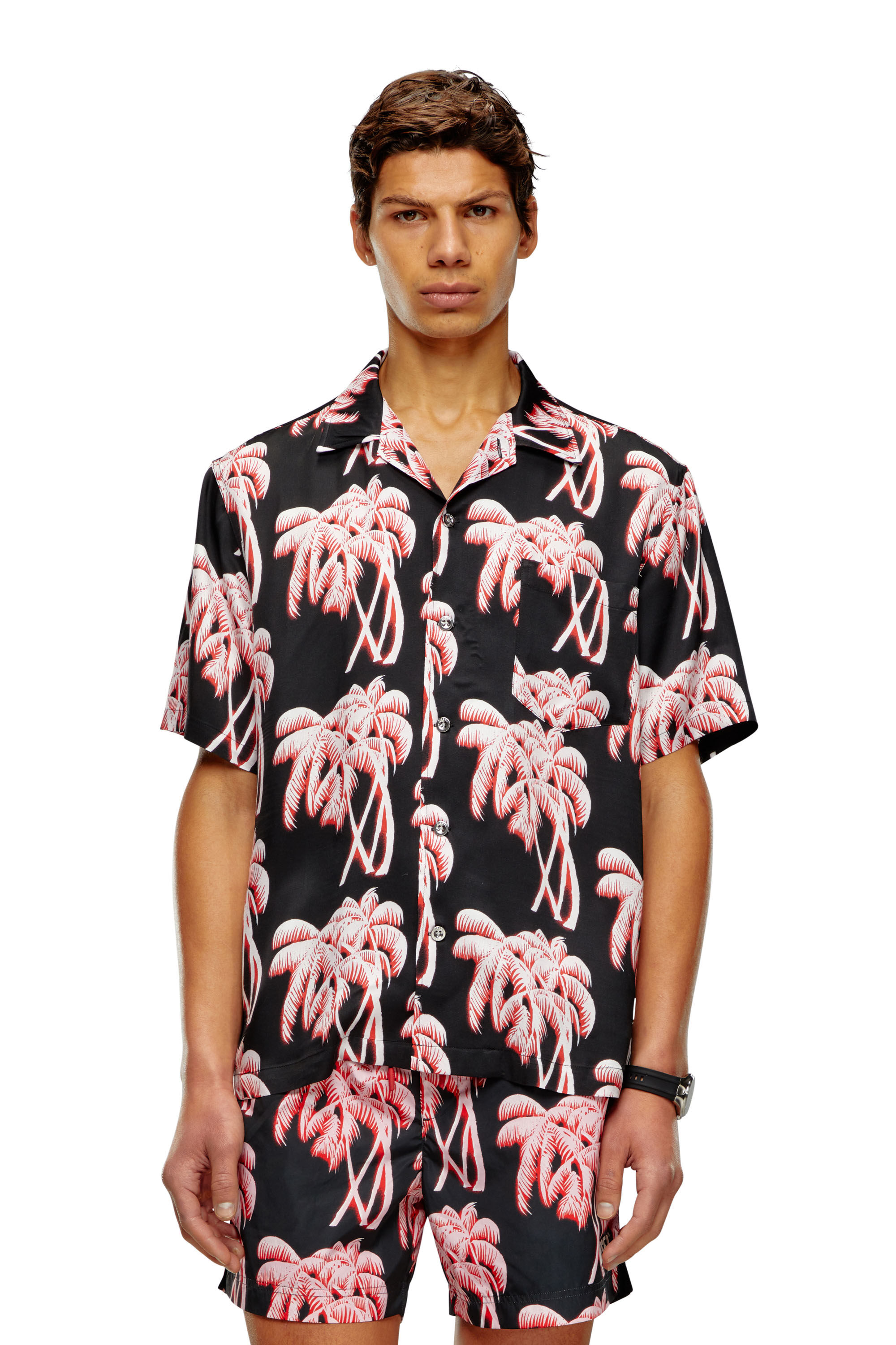 Diesel - BMOWT-ADRIAN, Man's Beach shirt with palm trees print in Black/Pink - 5
