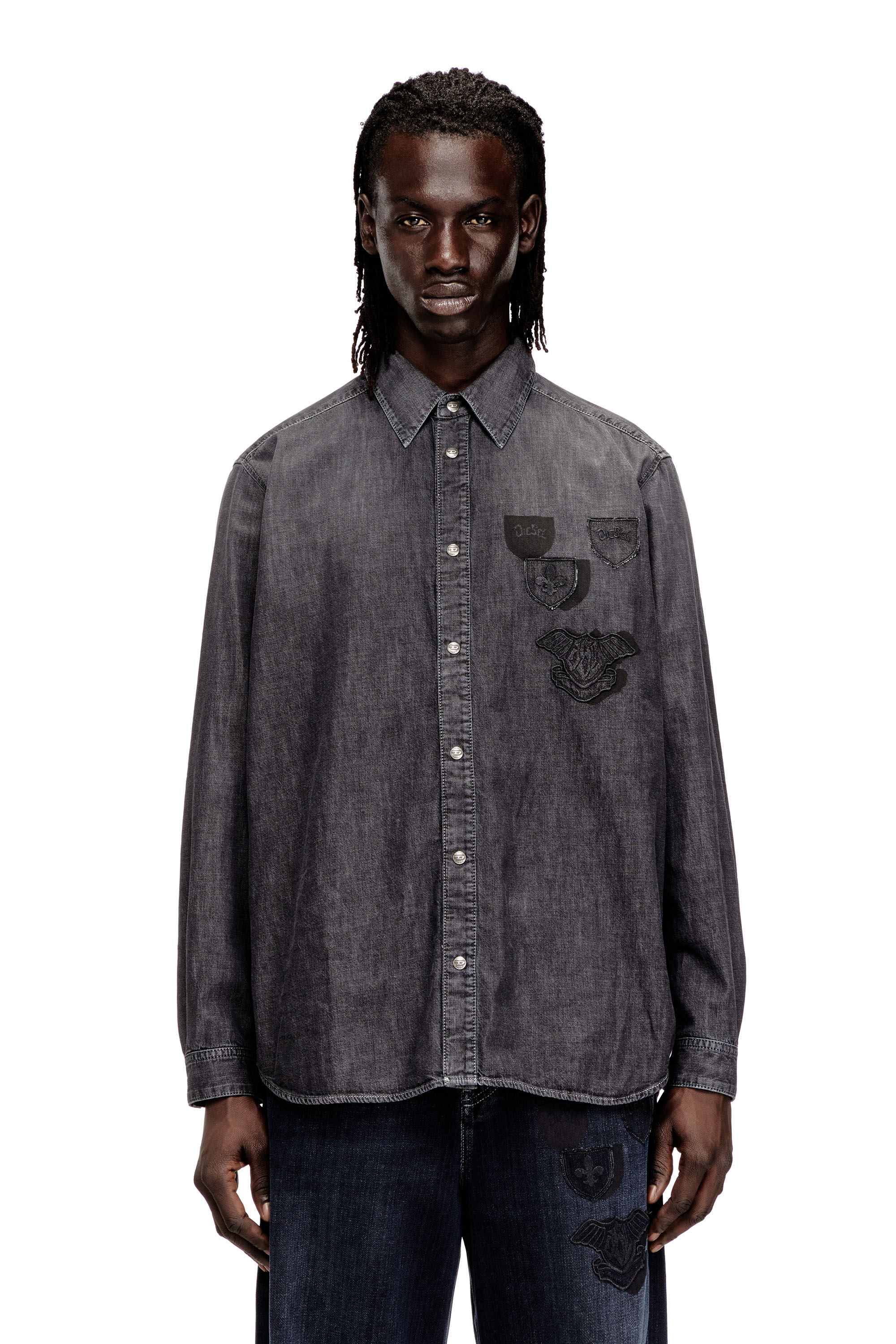 Men's Denim shirt with embroidered emblem | Grey | Diesel