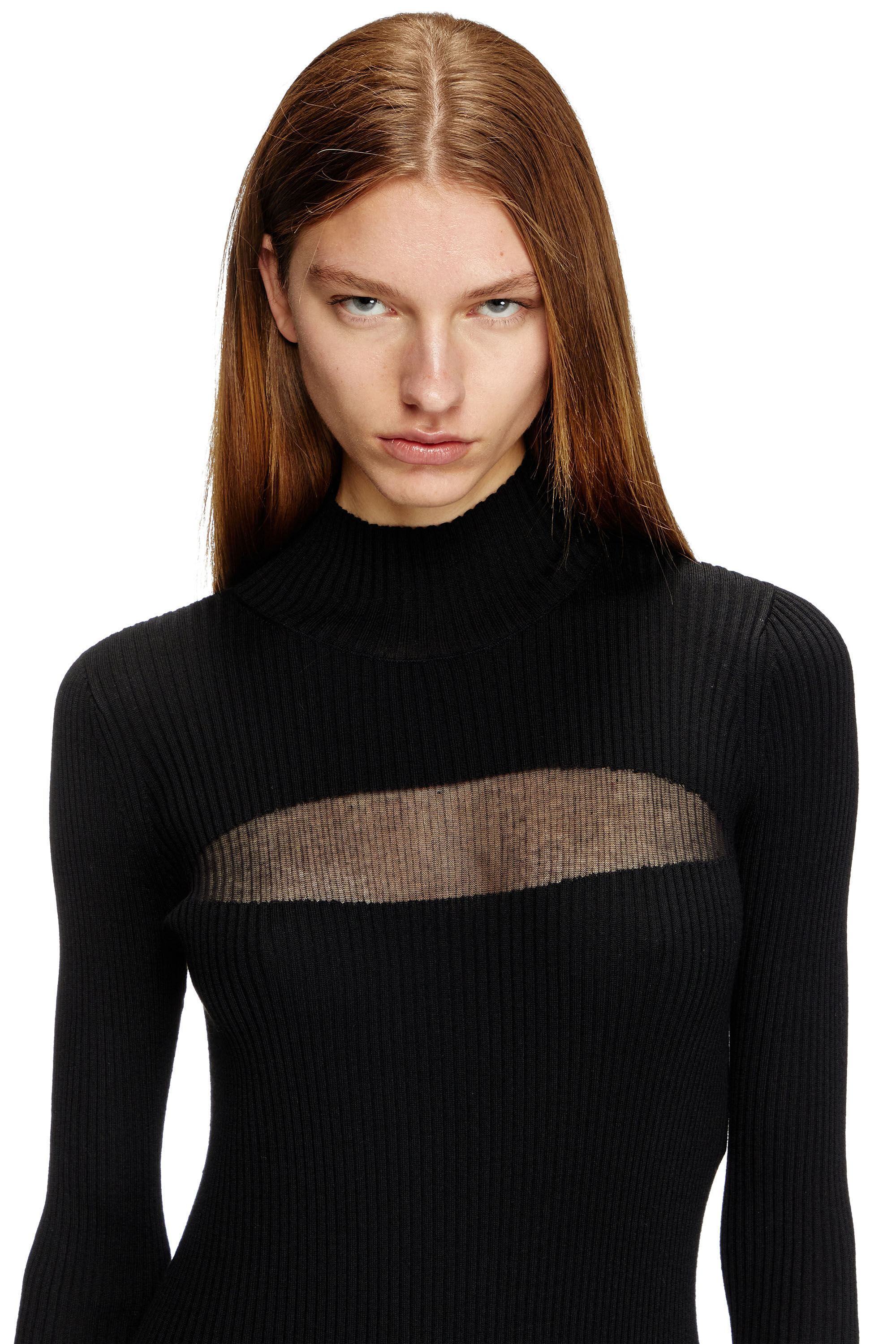 CITYSHOP WIDE RIB H/N ニット ブラック 2022AW Women's Rib-knit midi dress with sheer panels | Black | Diesel